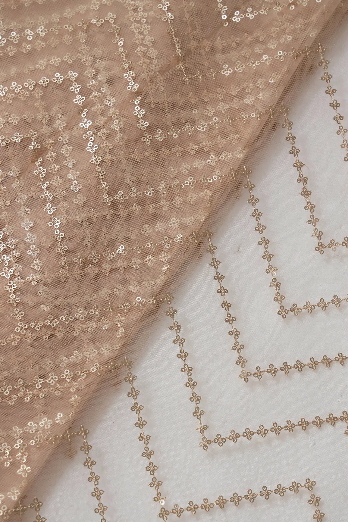 Gold Sequins Chevron Embroidery Work On Beige Soft Net Fabric