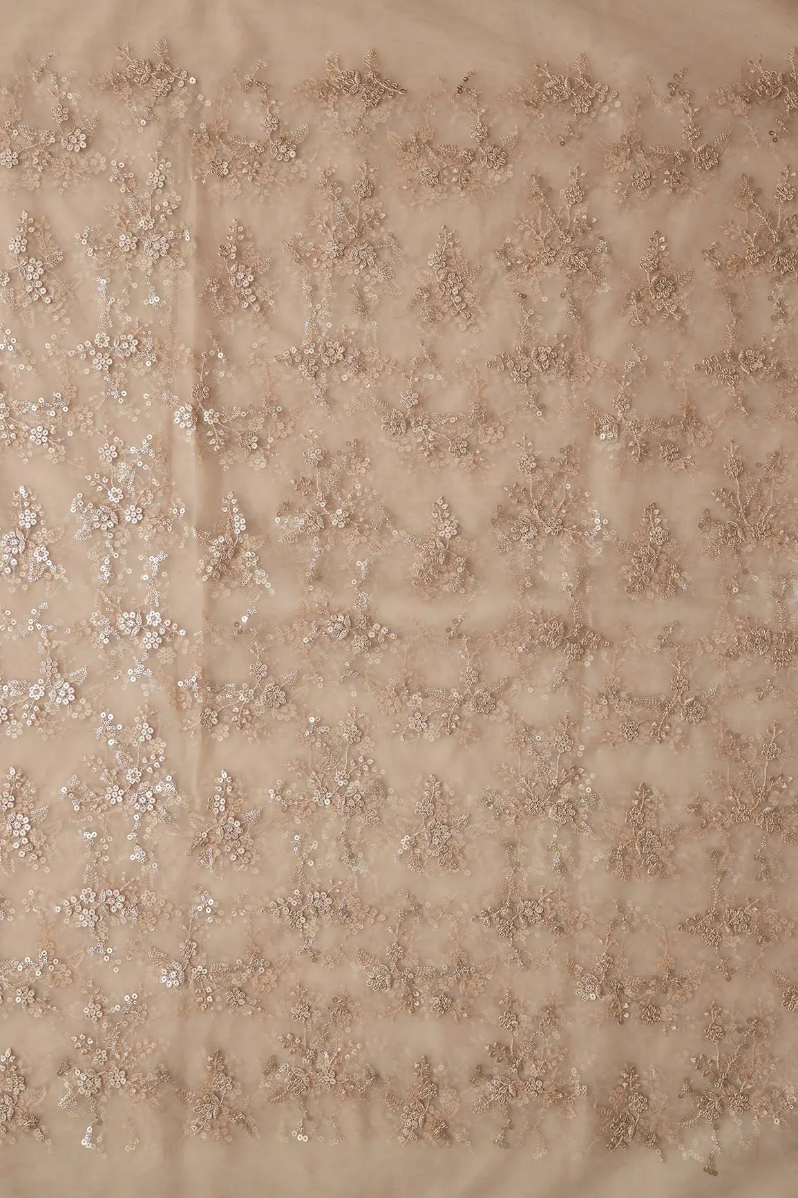 Gold Sequins With Thread Work Floral Embroidery On Beige Soft Net Fabric