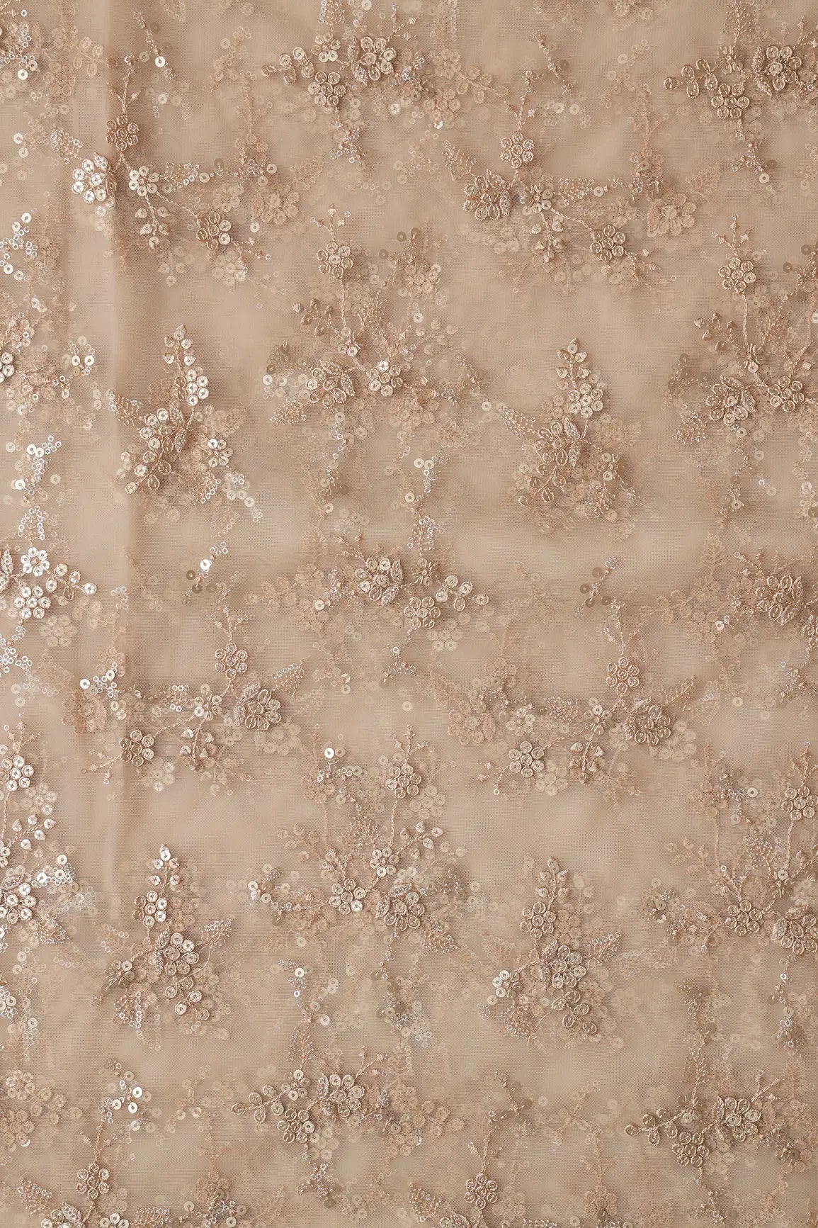 Gold Sequins With Thread Work Floral Embroidery On Beige Soft Net Fabric