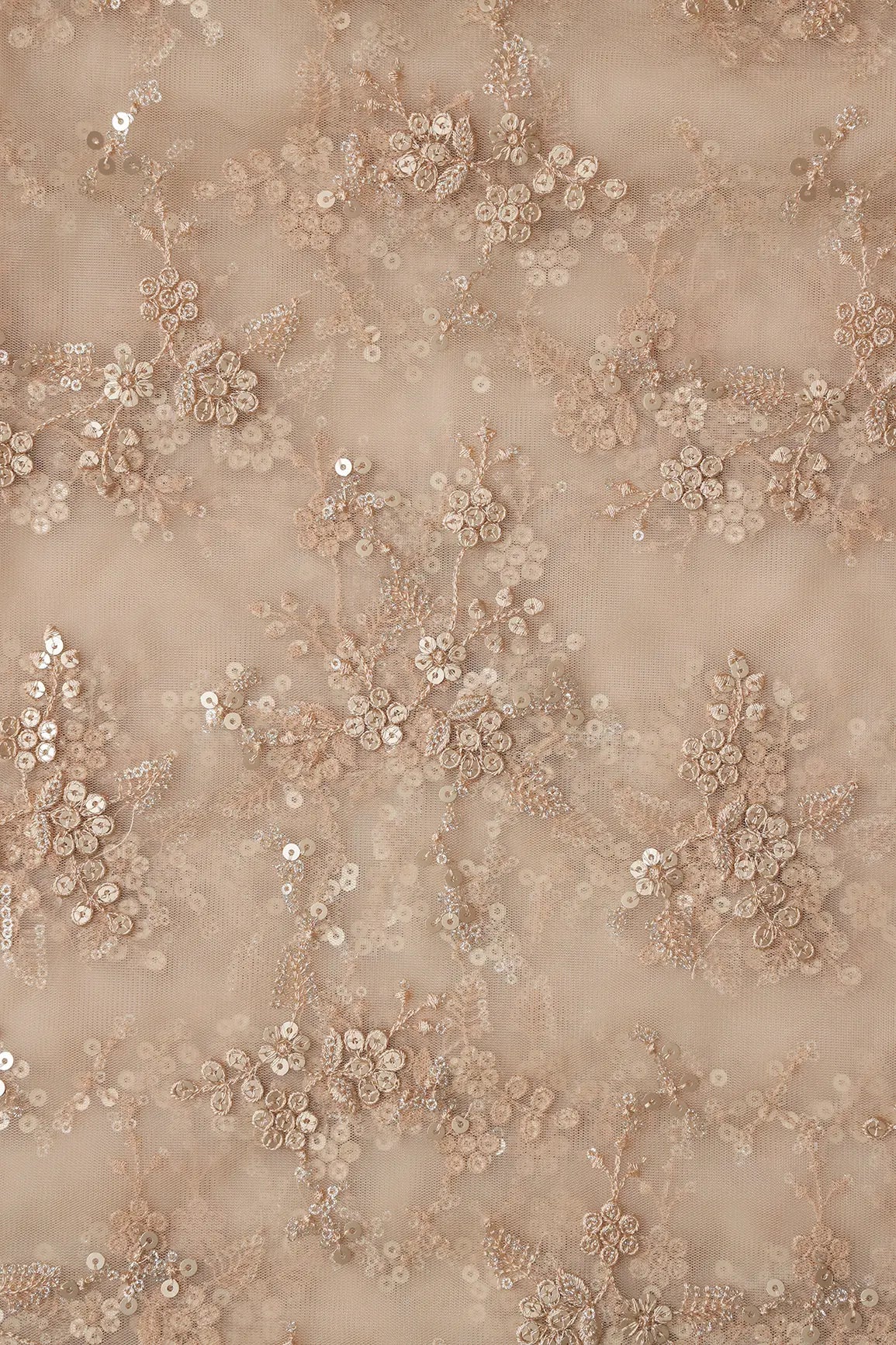 Gold Sequins With Thread Work Floral Embroidery On Beige Soft Net Fabric