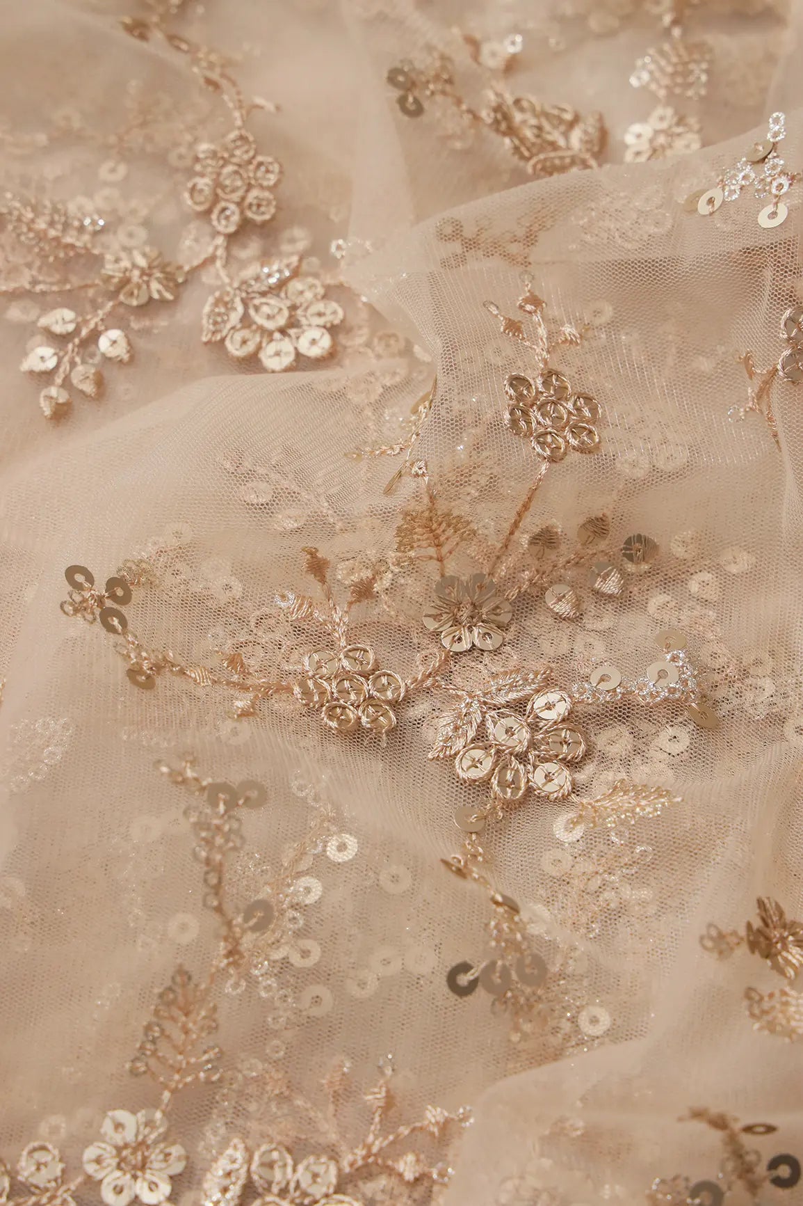 Gold Sequins With Thread Work Floral Embroidery On Beige Soft Net Fabric