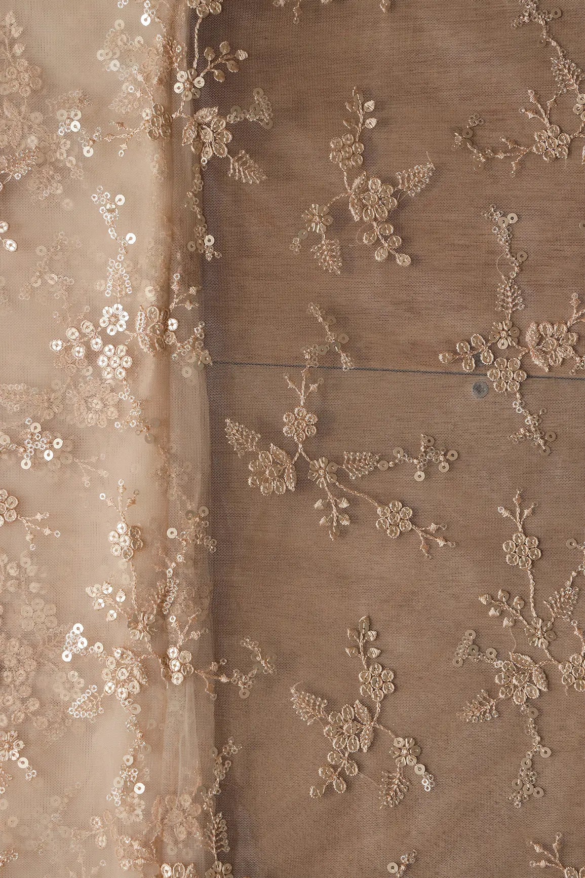 Gold Sequins With Thread Work Floral Embroidery On Beige Soft Net Fabric