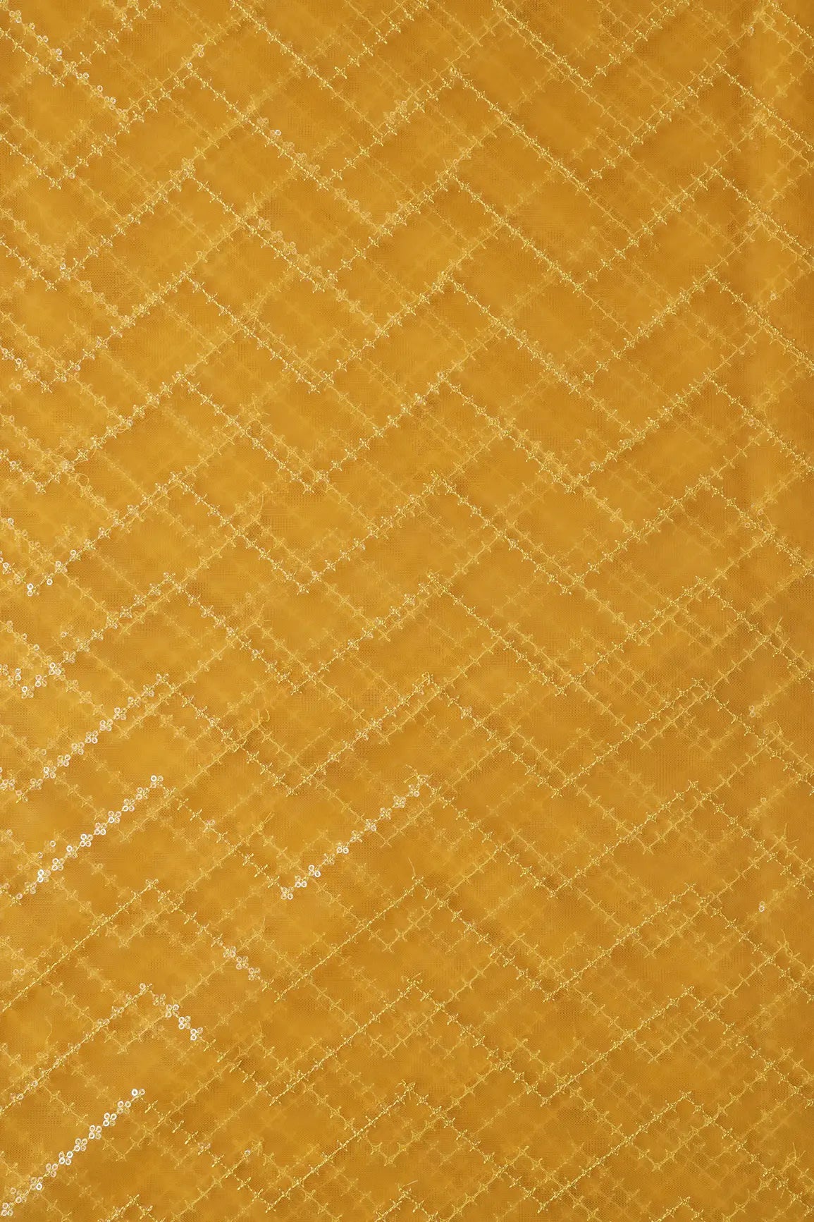 Water Sequins Chevron Embroidery Work On Yellow Soft Net Fabric