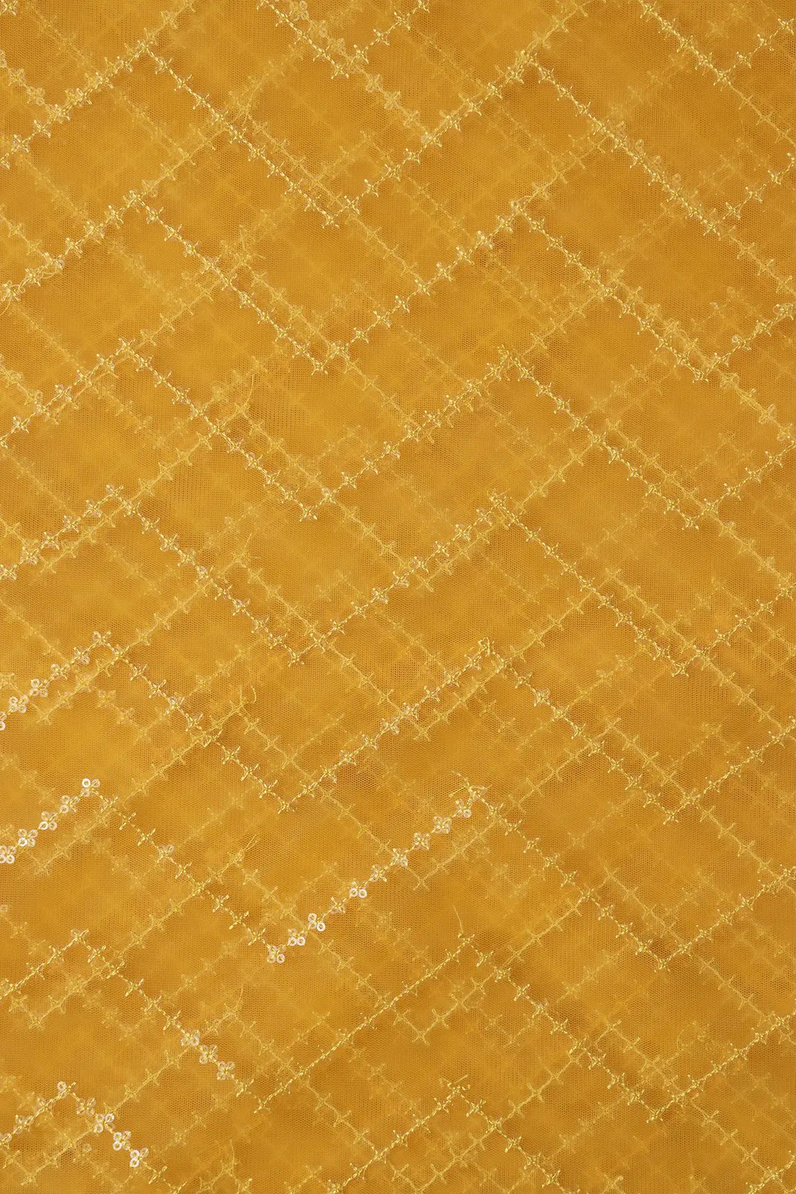 Water Sequins Chevron Embroidery Work On Yellow Soft Net Fabric