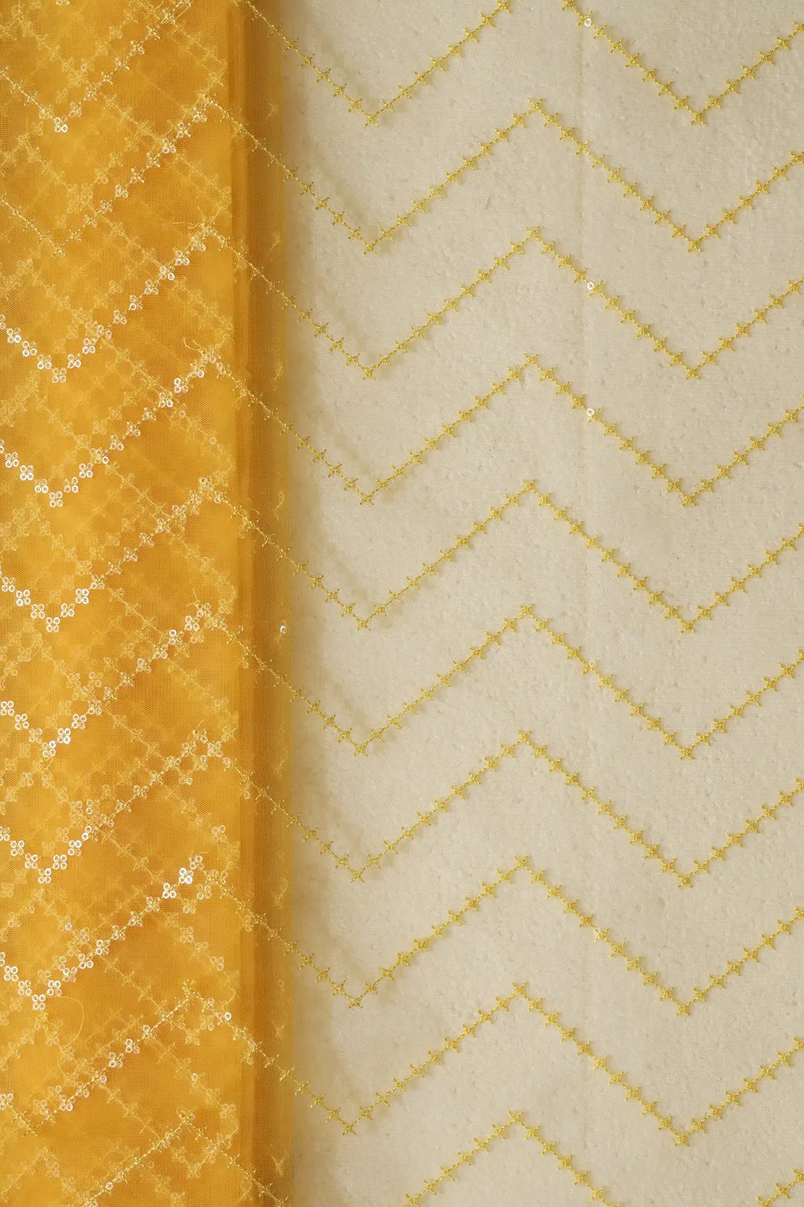 Water Sequins Chevron Embroidery Work On Yellow Soft Net Fabric