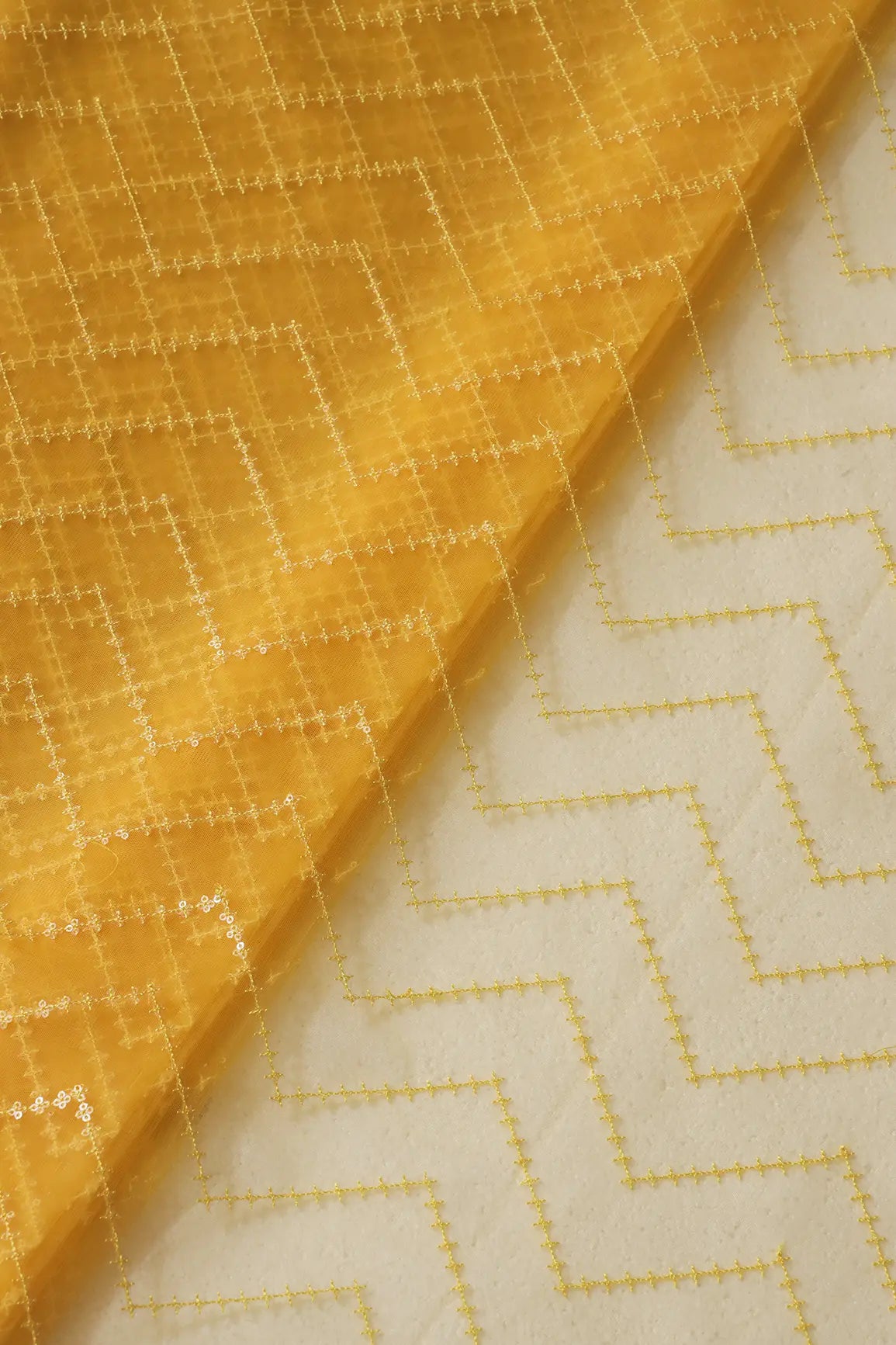 Water Sequins Chevron Embroidery Work On Yellow Soft Net Fabric