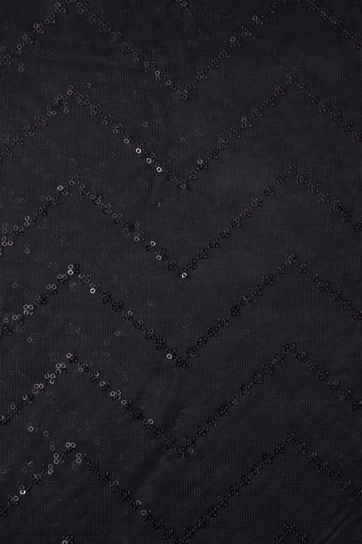 Black Sequins Chevron Embroidery Work On Black Soft Net Fabric