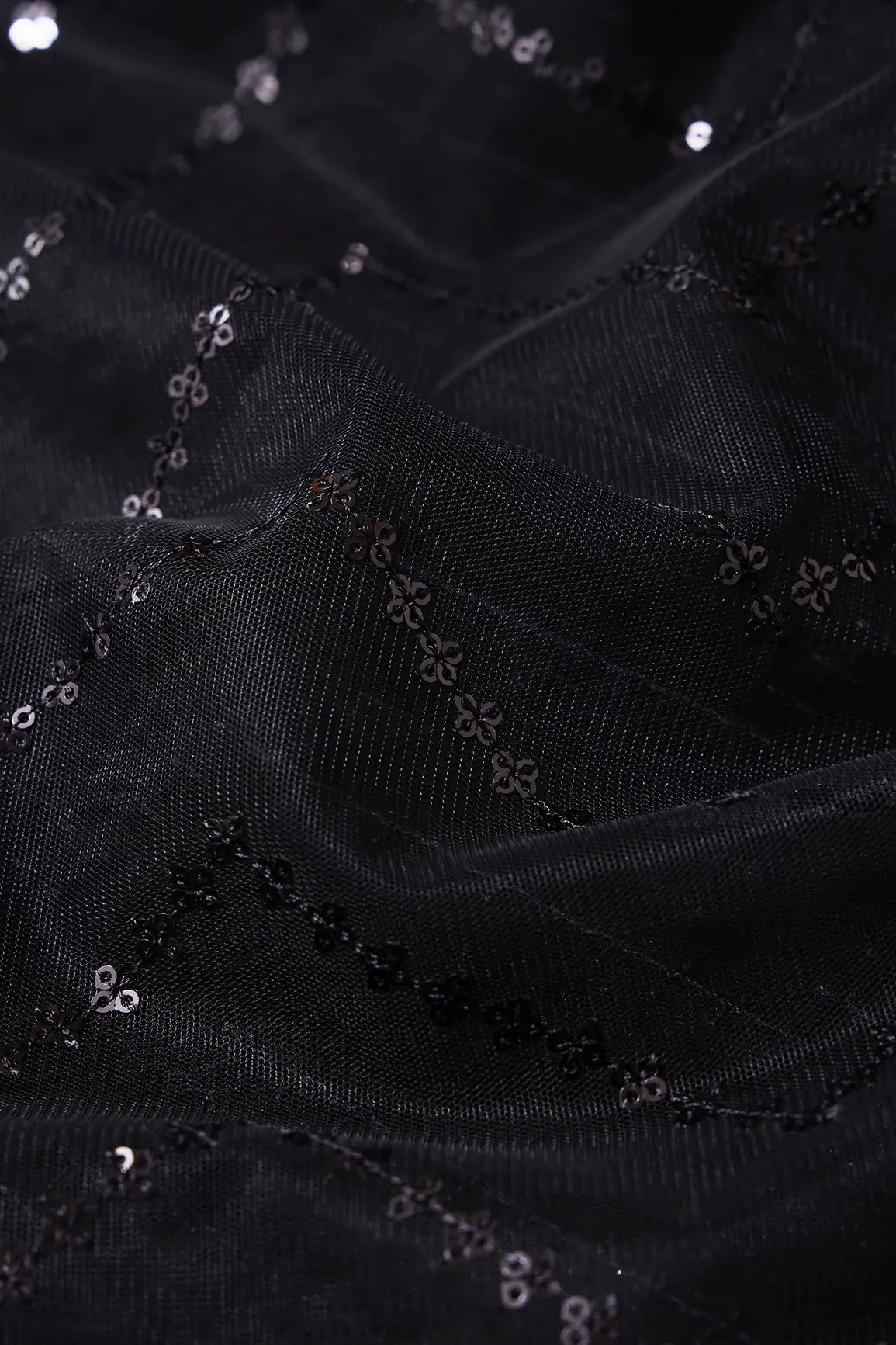 Black Sequins Chevron Embroidery Work On Black Soft Net Fabric