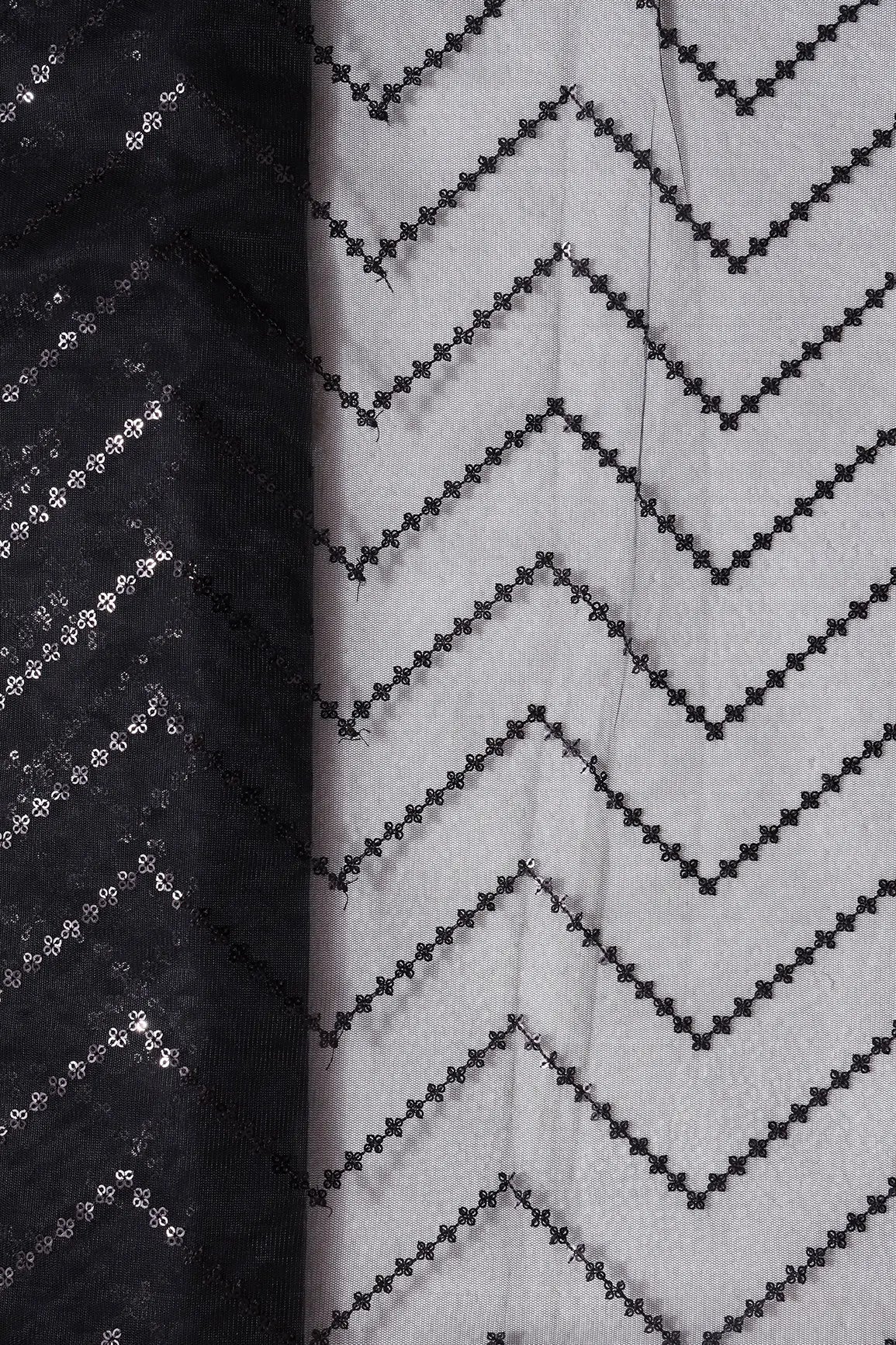 Black Sequins Chevron Embroidery Work On Black Soft Net Fabric