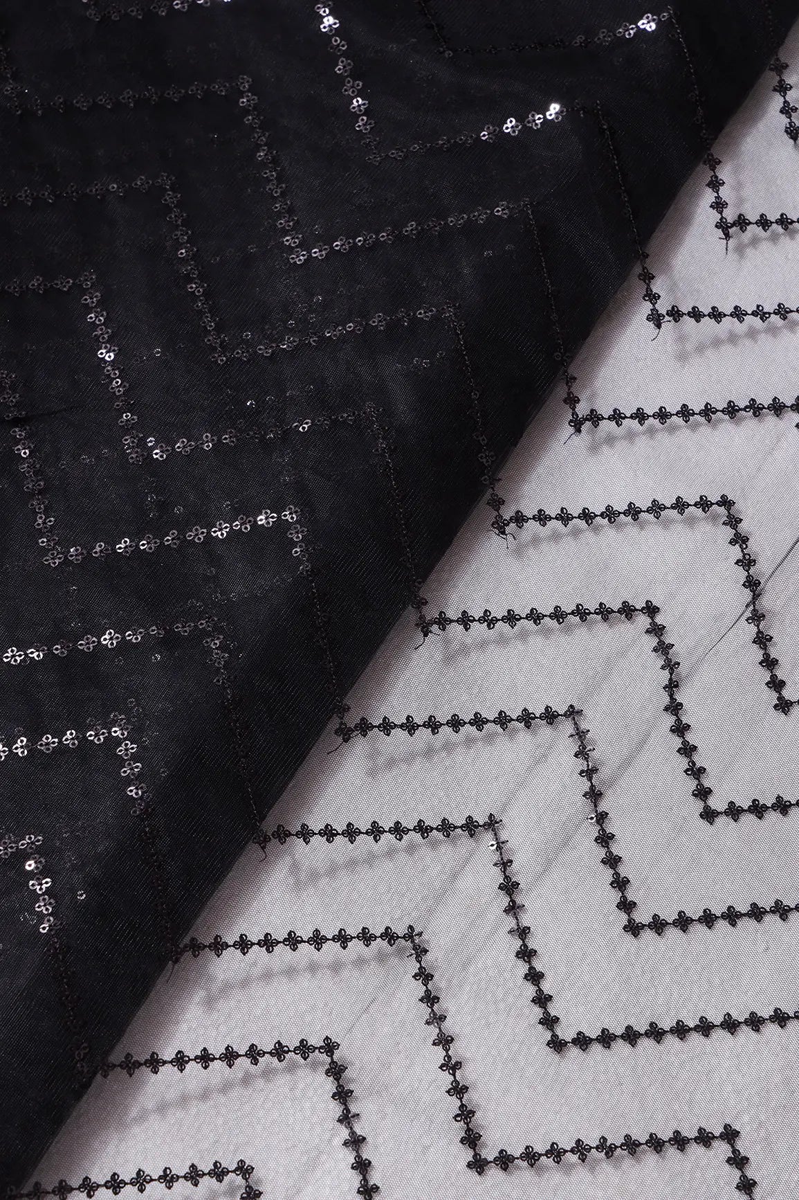 Black Sequins Chevron Embroidery Work On Black Soft Net Fabric