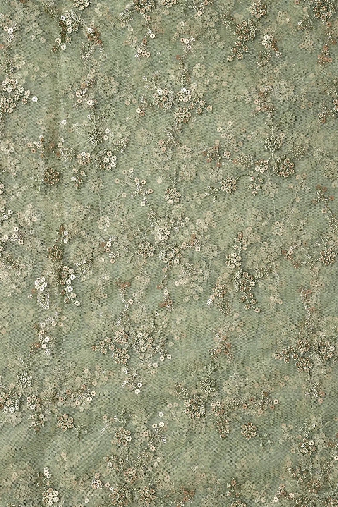 Gold Sequins With Thread Work Floral Embroidery On Olive Soft Net Fabric