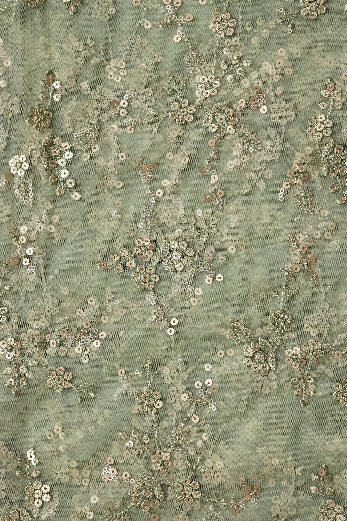 Gold Sequins With Thread Work Floral Embroidery On Olive Soft Net Fabric