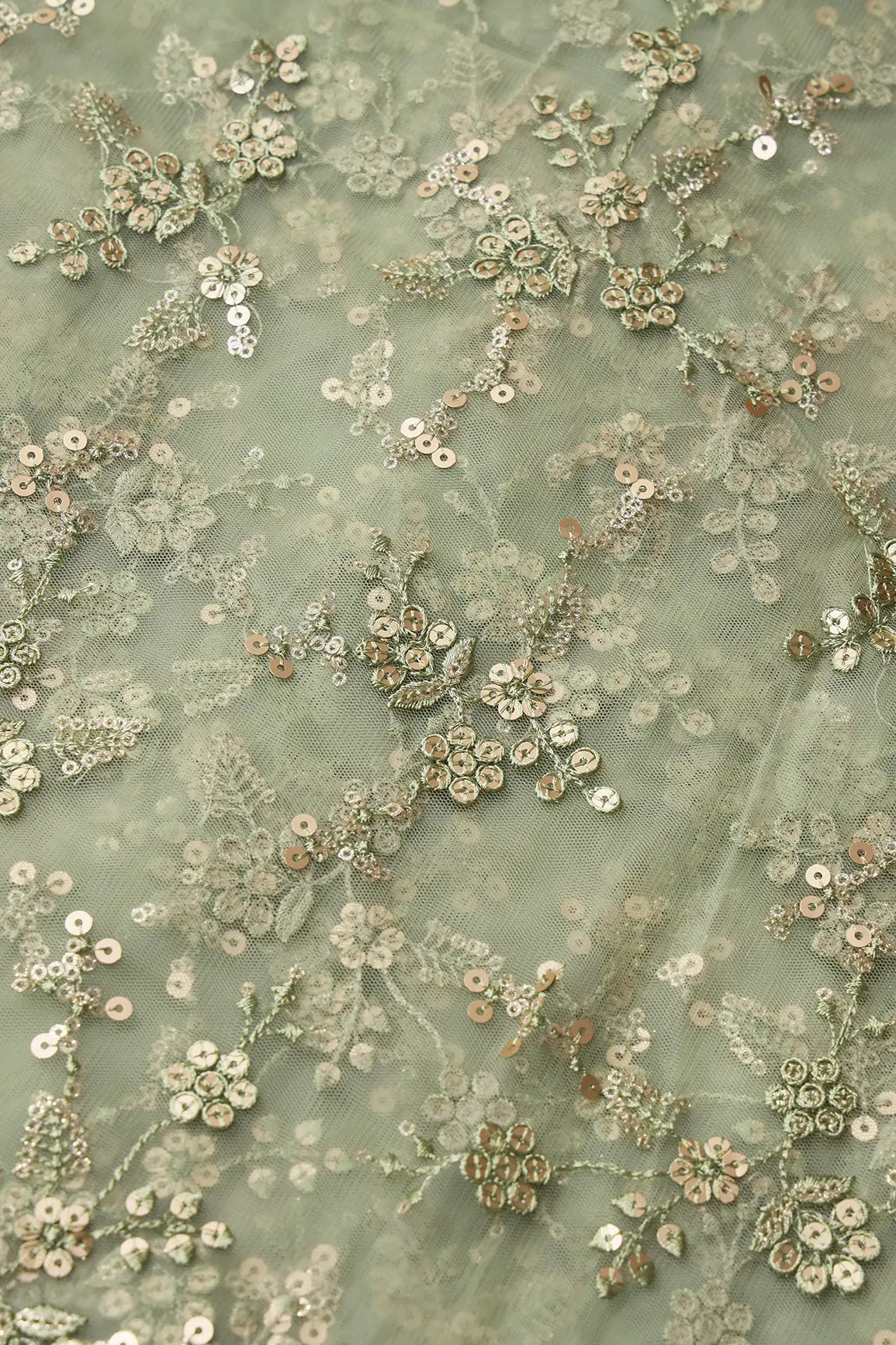 Gold Sequins With Thread Work Floral Embroidery On Olive Soft Net Fabric