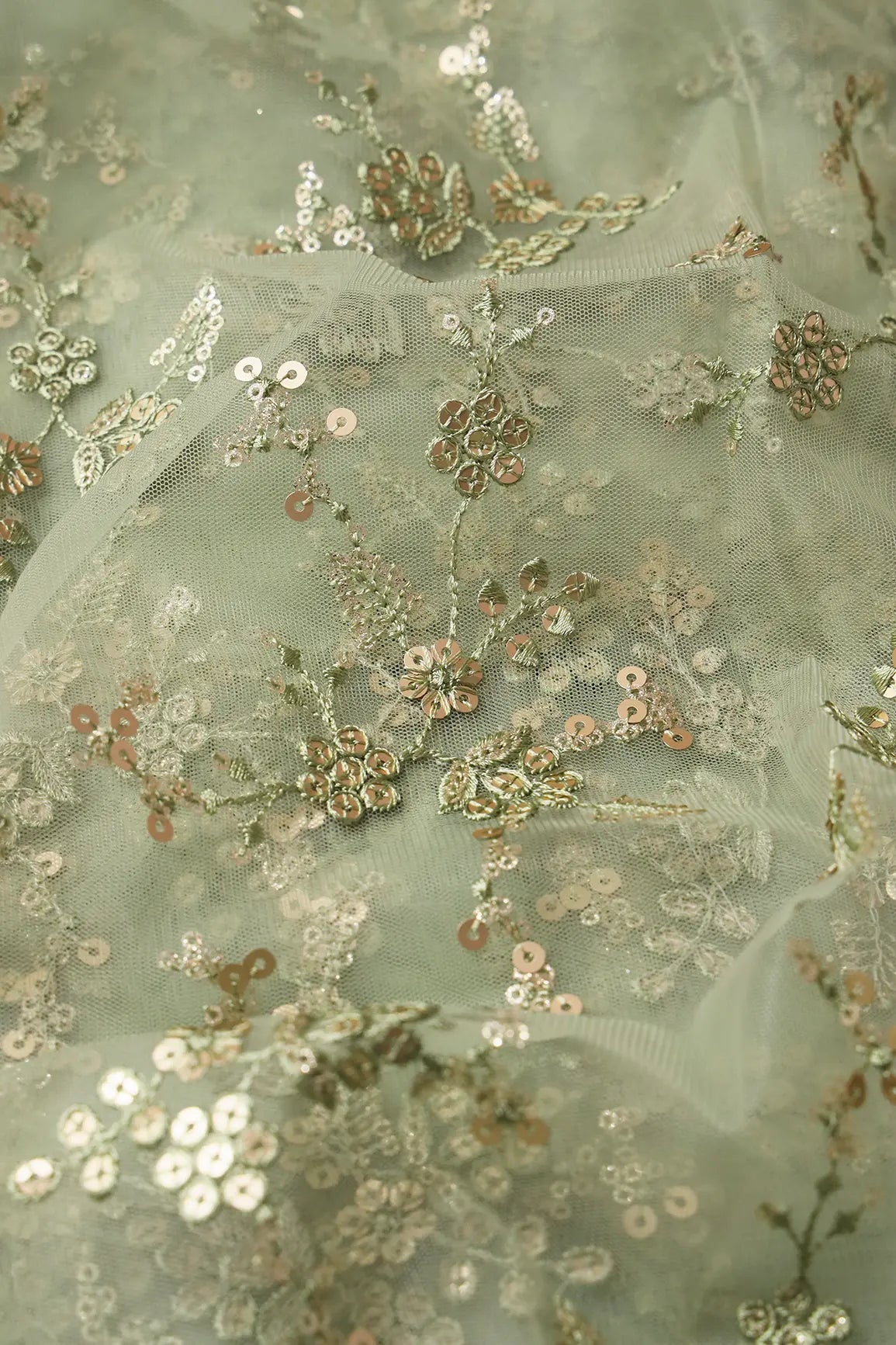 Gold Sequins With Thread Work Floral Embroidery On Olive Soft Net Fabric