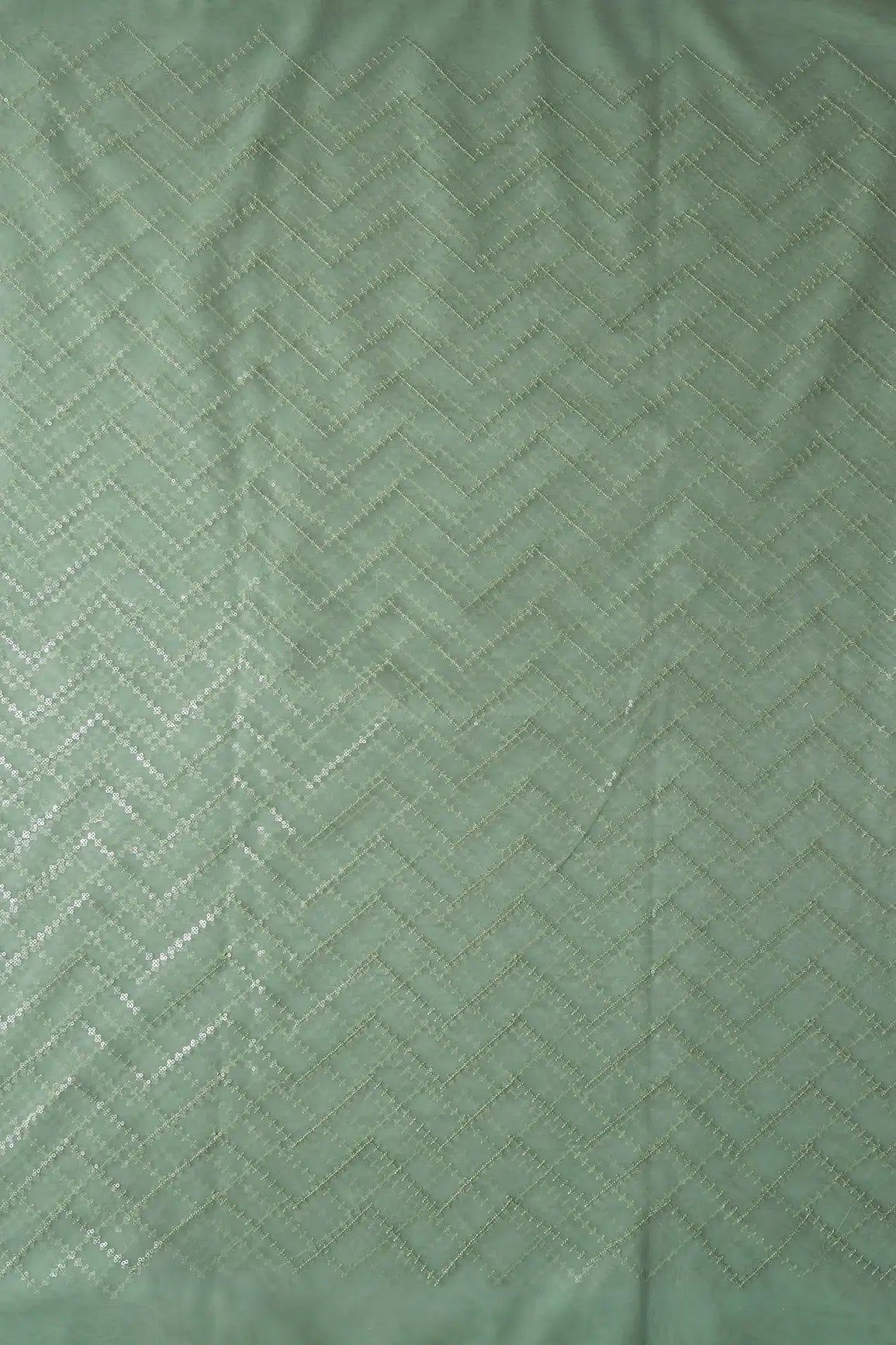 Water Sequins Chevron Embroidery Work On Olive Soft Net Fabric