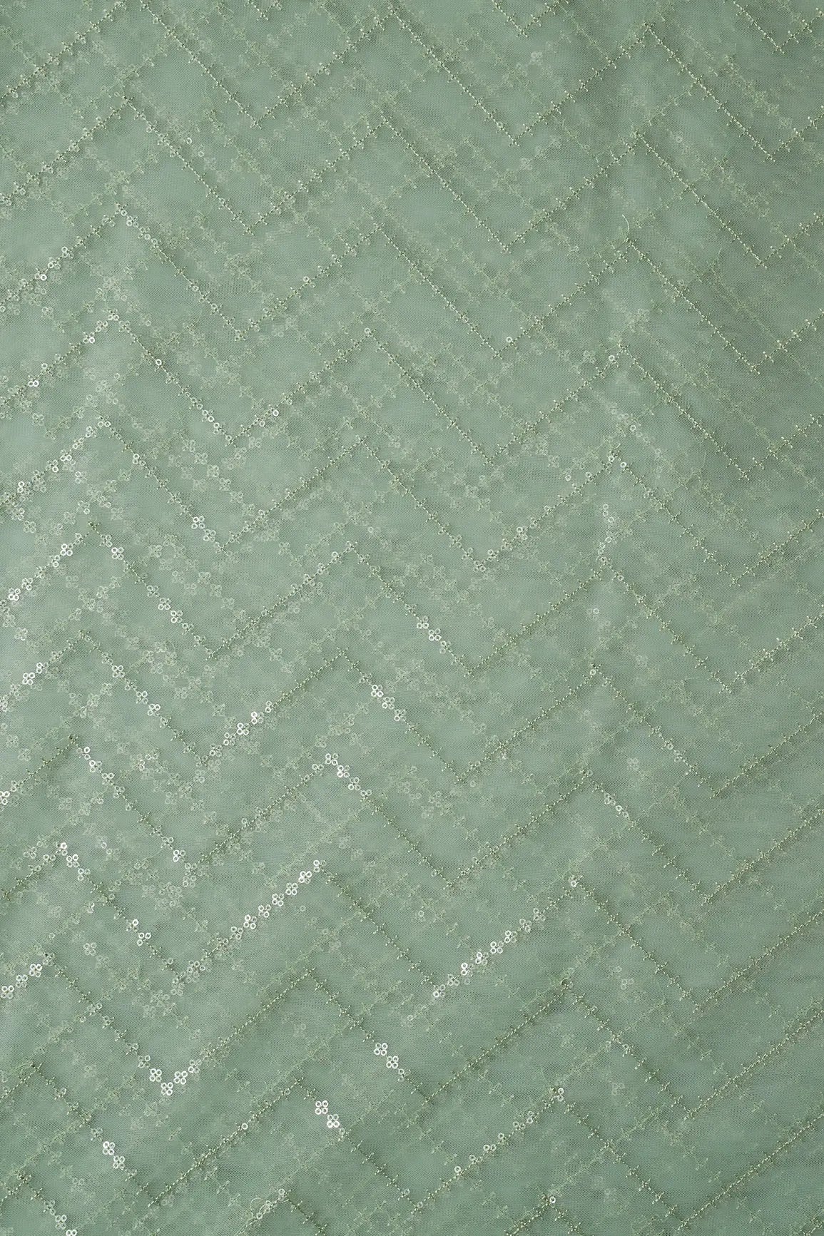 Water Sequins Chevron Embroidery Work On Olive Soft Net Fabric