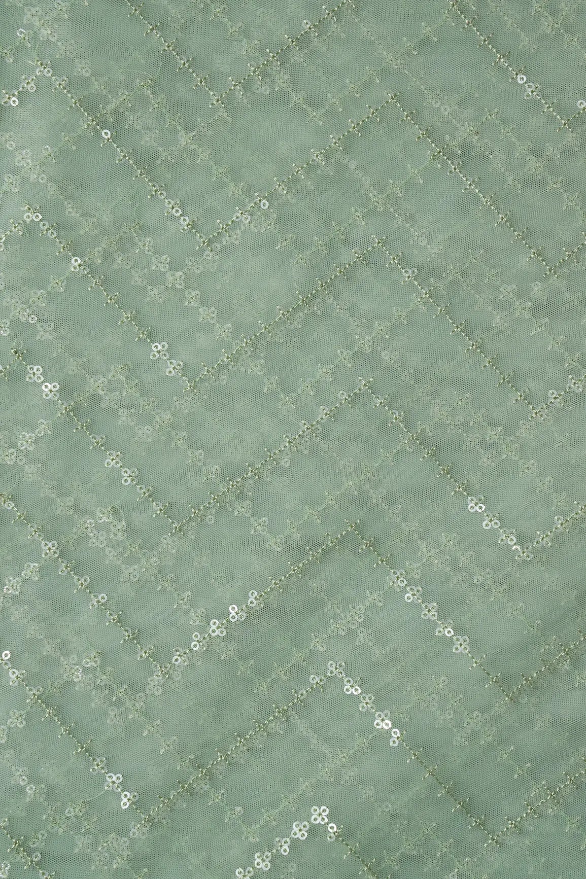 Water Sequins Chevron Embroidery Work On Olive Soft Net Fabric