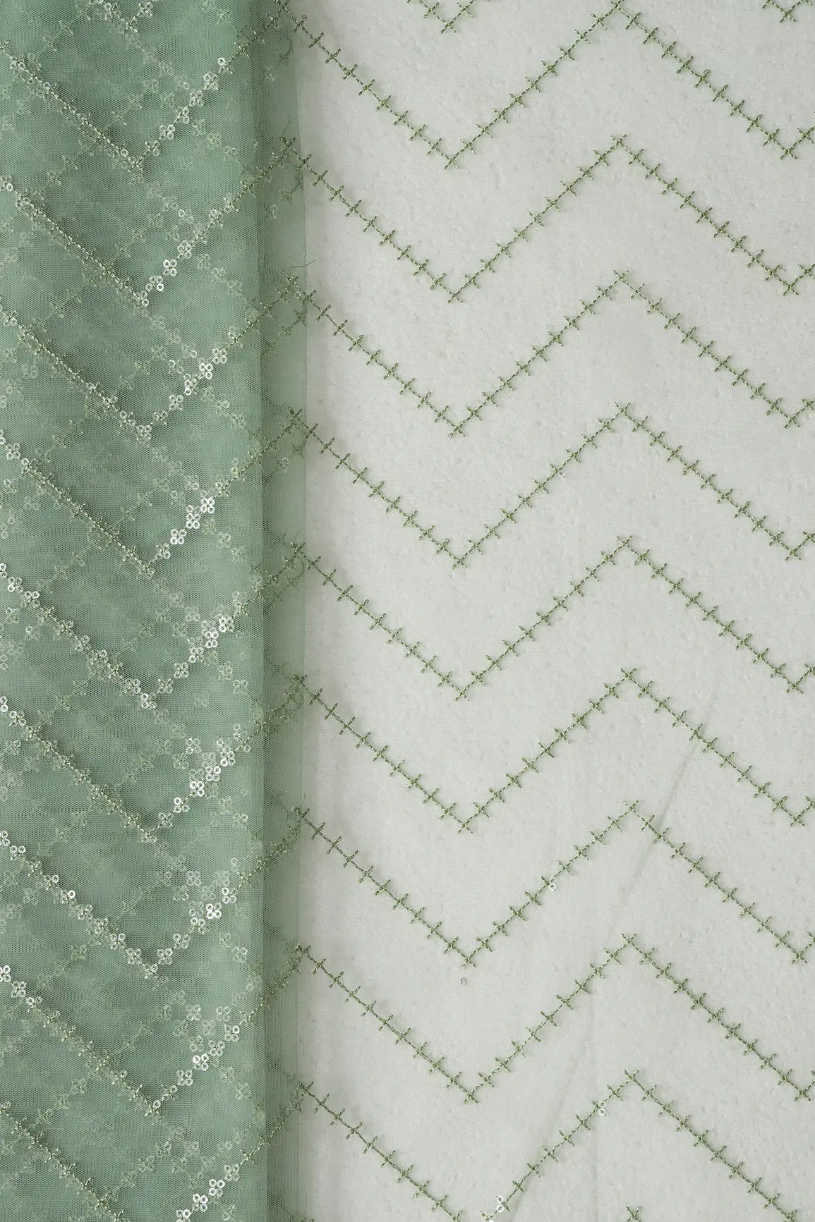 Water Sequins Chevron Embroidery Work On Olive Soft Net Fabric