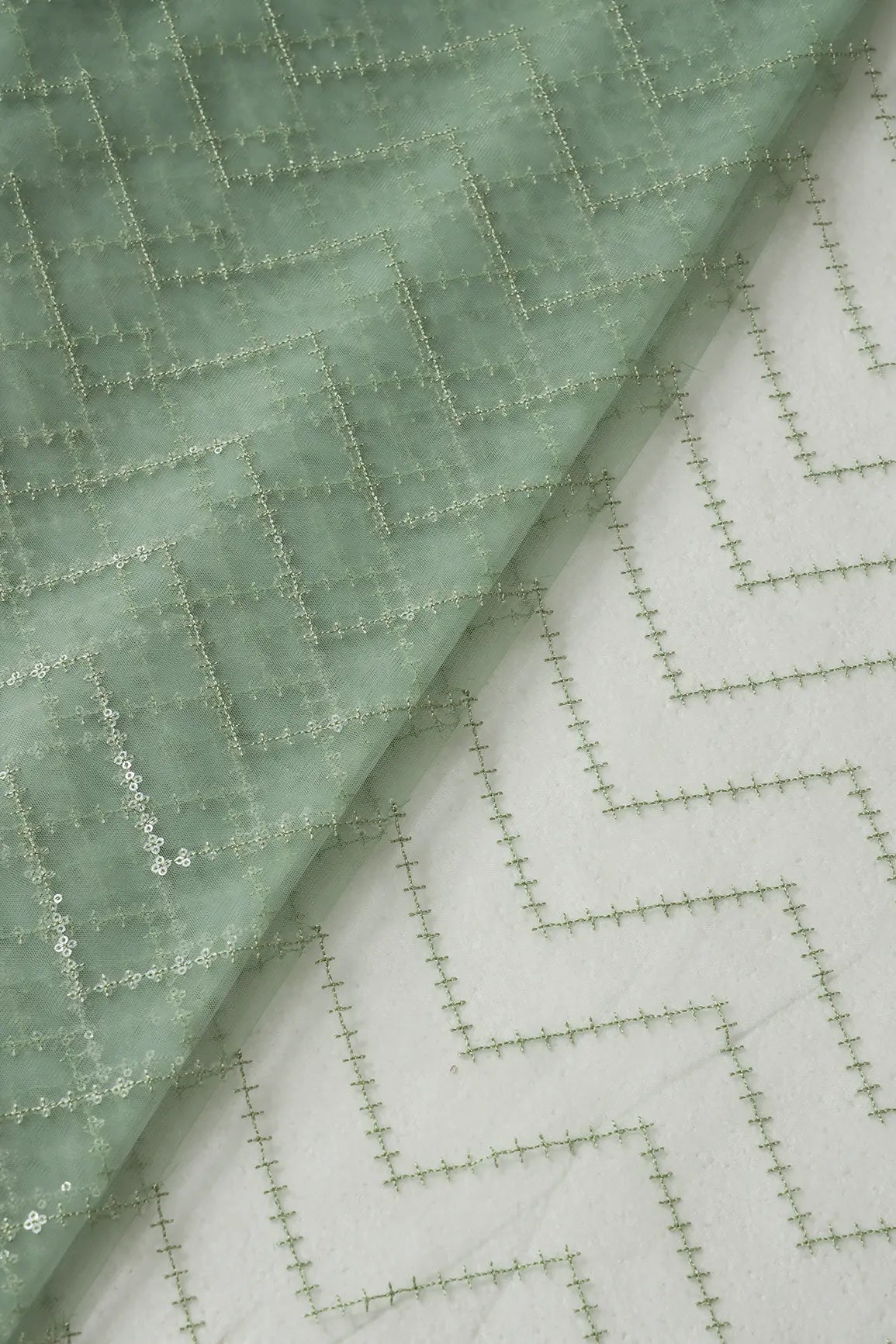 Water Sequins Chevron Embroidery Work On Olive Soft Net Fabric