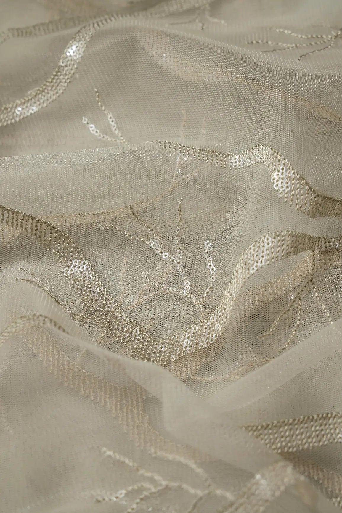 Olive Thread With Water Sequins Abstract Embroidery Work On Olive Soft Net Fabric