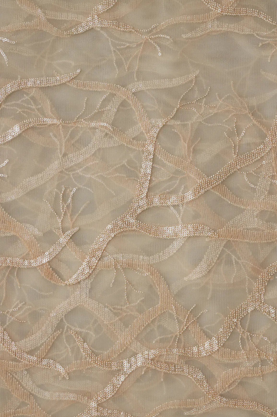 Olive Thread With Water Sequins Abstract Embroidery Work On Light Olive Soft Net Fabric