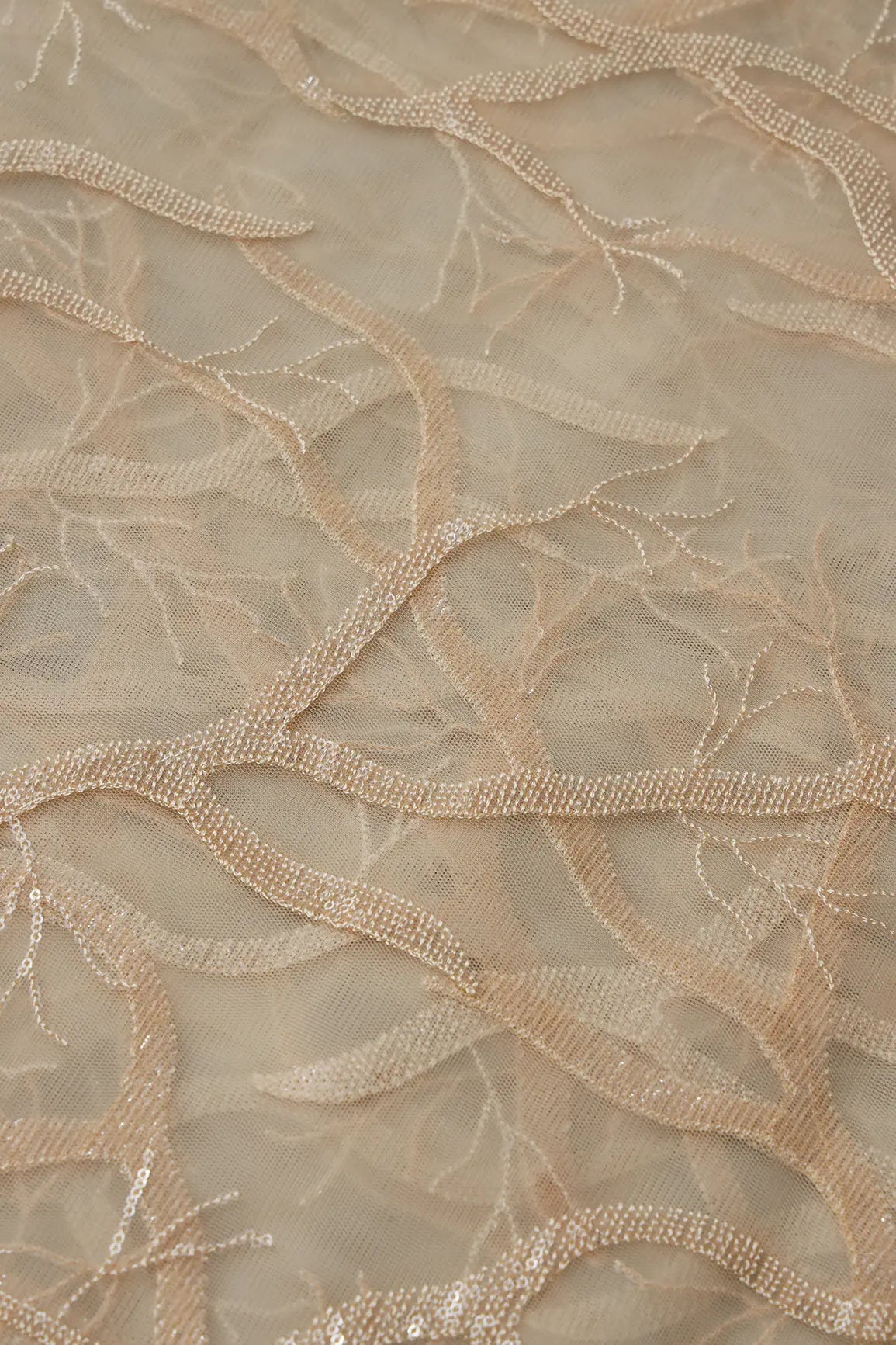 Olive Thread With Water Sequins Abstract Embroidery Work On Light Olive Soft Net Fabric