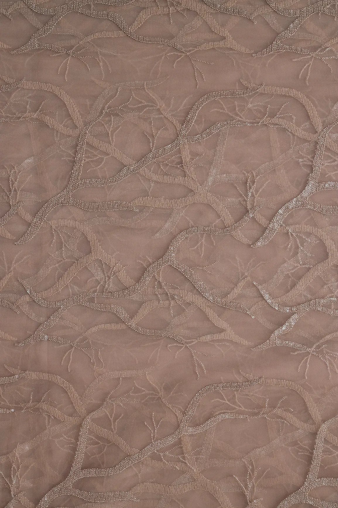 Beige Thread With Water Sequins Abstract Embroidery Work On Dark Beige Soft Net Fabric