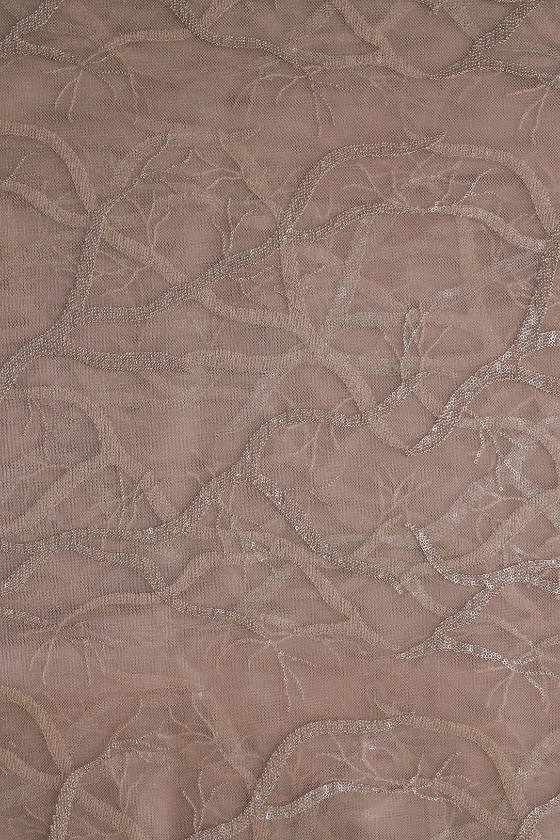 Beige Thread With Water Sequins Abstract Embroidery Work On Dark Beige Soft Net Fabric