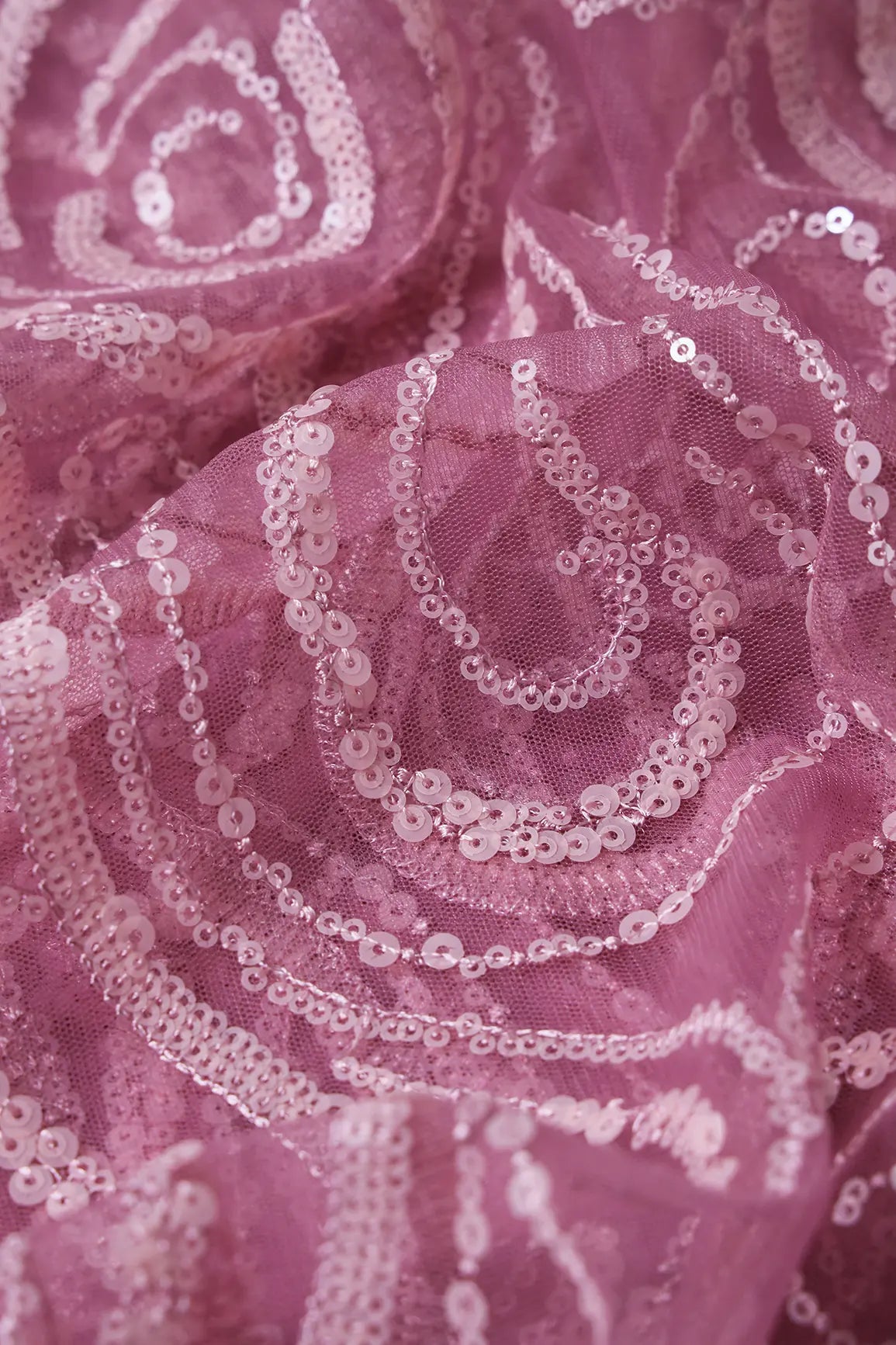 Gorgeous Light Pink Sequins Geometric Embroidery On Dark Pink Soft Net Fabric