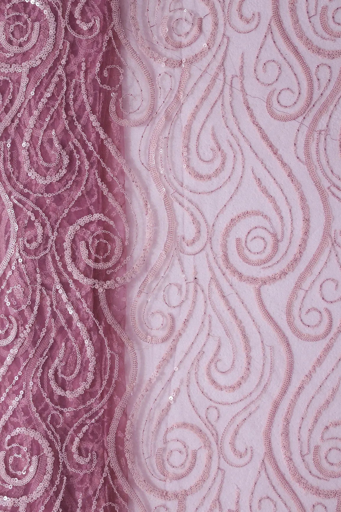 Gorgeous Light Pink Sequins Geometric Embroidery On Dark Pink Soft Net Fabric