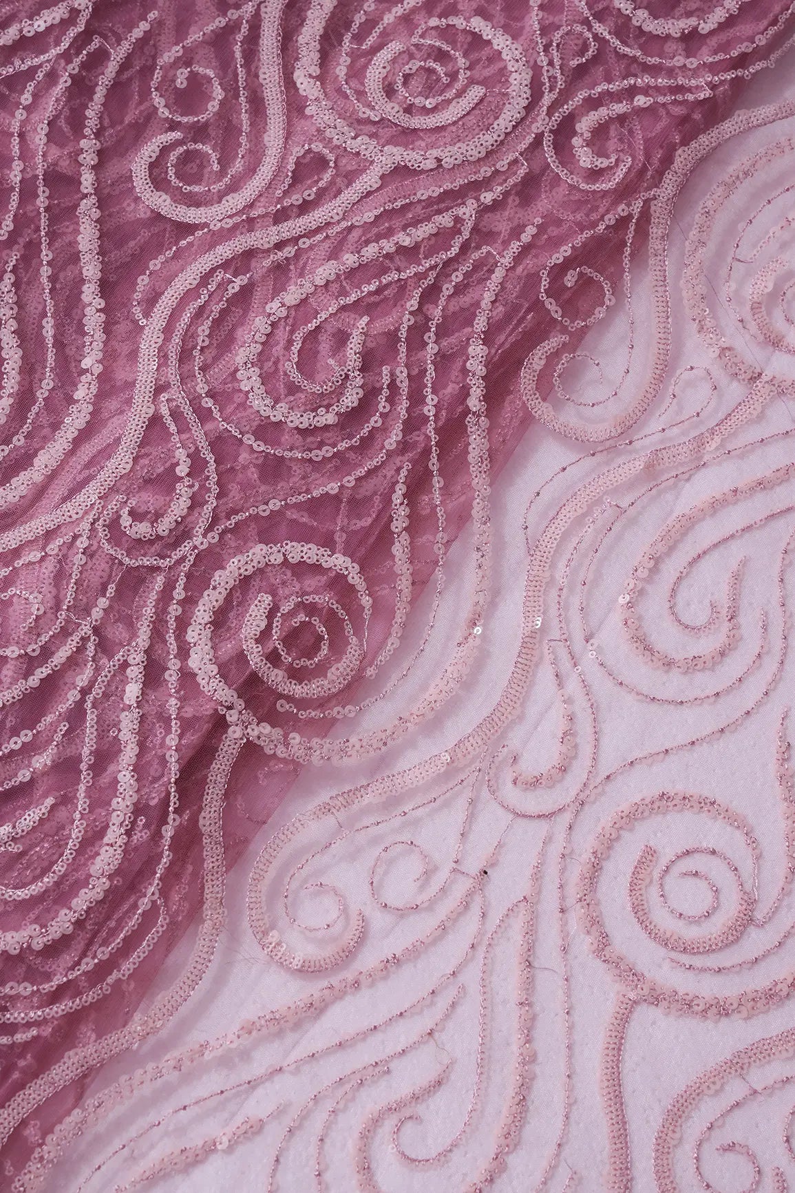 Gorgeous Light Pink Sequins Geometric Embroidery On Dark Pink Soft Net Fabric