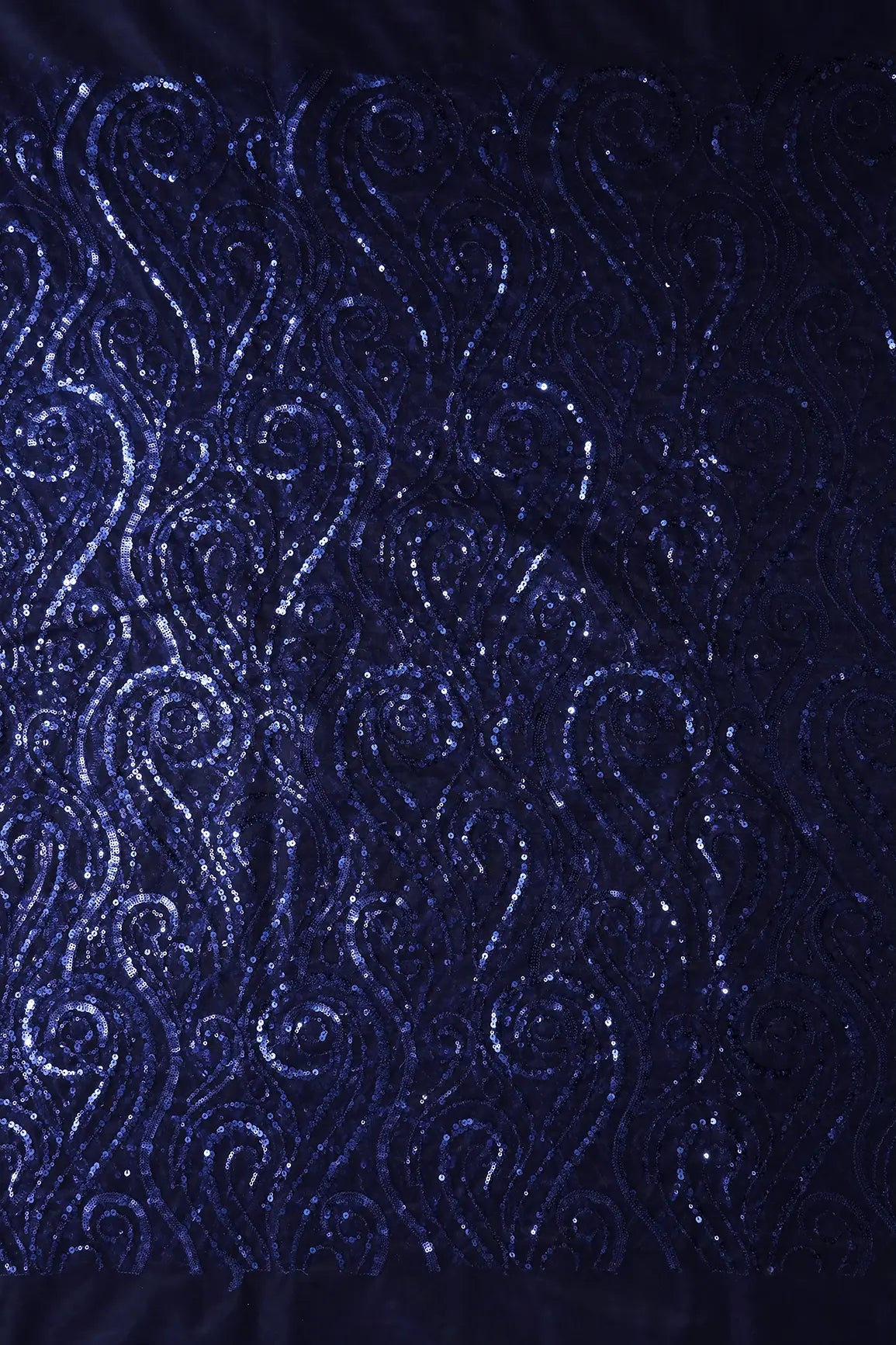 Gorgeous Blue Sequins Geometric Embroidery On Navy Blue Soft Net Fabric