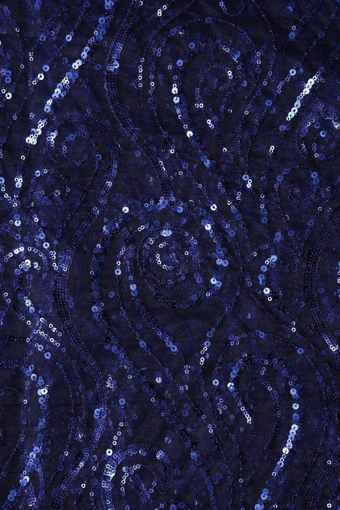 Gorgeous Blue Sequins Geometric Embroidery On Navy Blue Soft Net Fabric