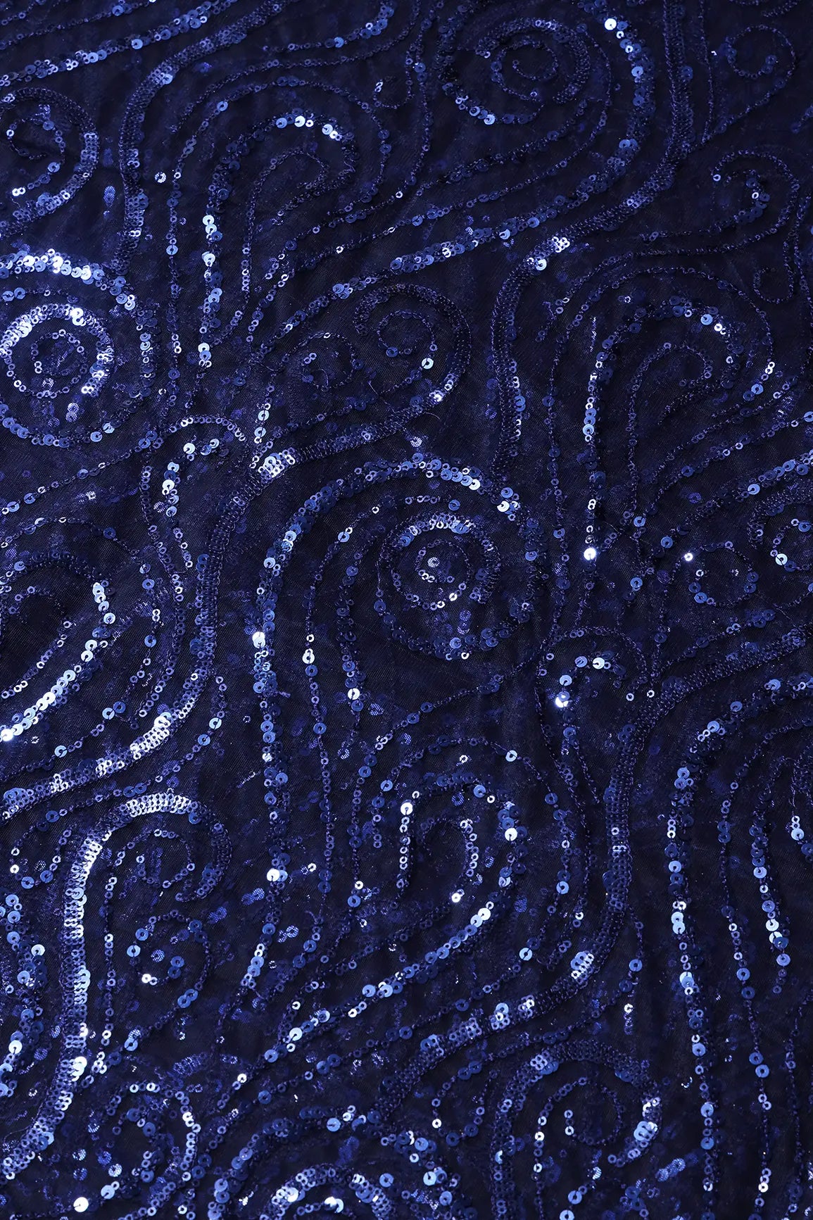 Gorgeous Blue Sequins Geometric Embroidery On Navy Blue Soft Net Fabric