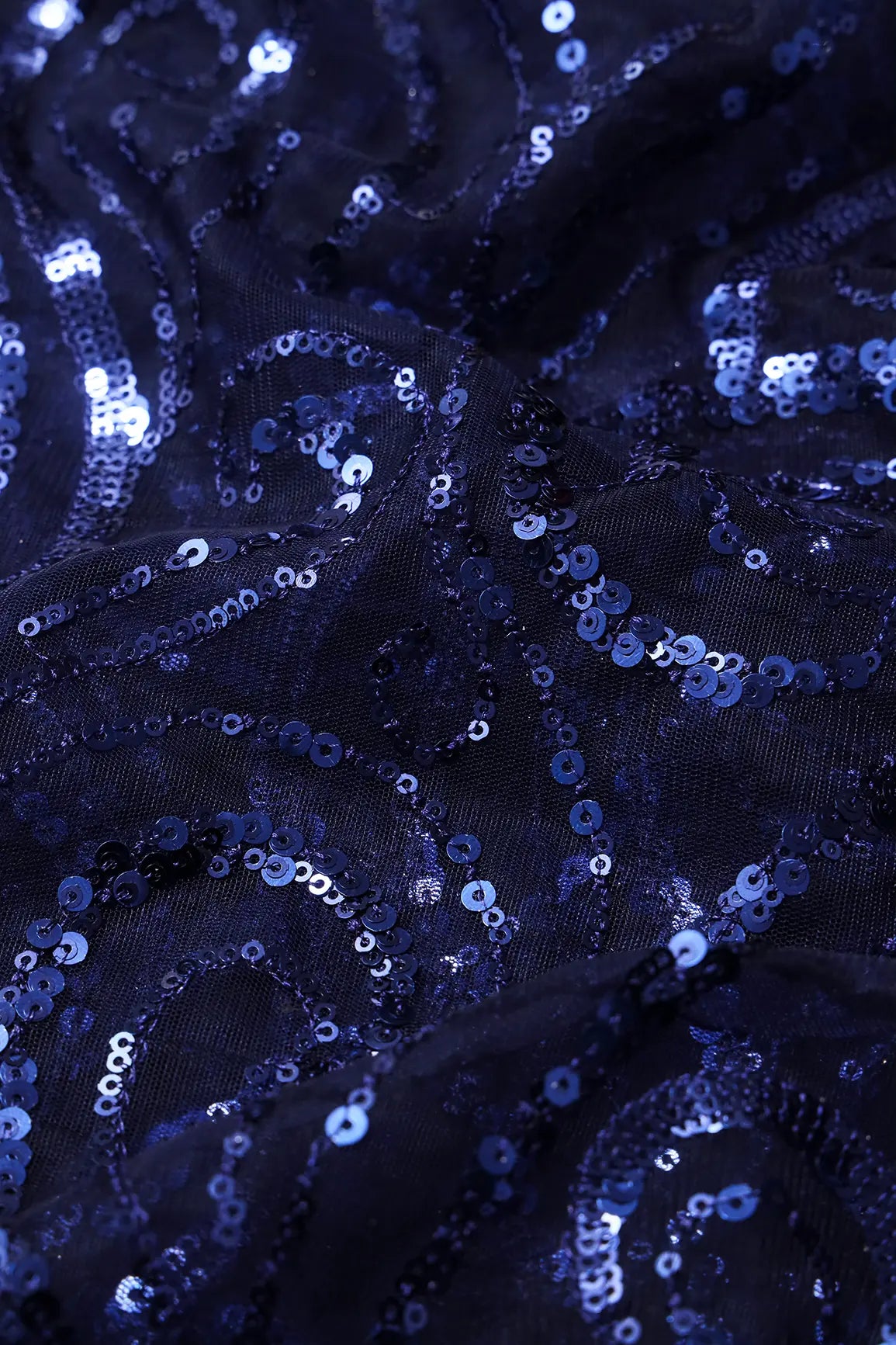 Gorgeous Blue Sequins Geometric Embroidery On Navy Blue Soft Net Fabric