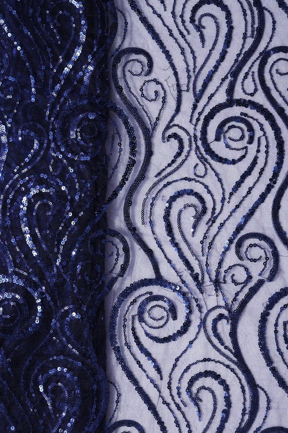 Gorgeous Blue Sequins Geometric Embroidery On Navy Blue Soft Net Fabric