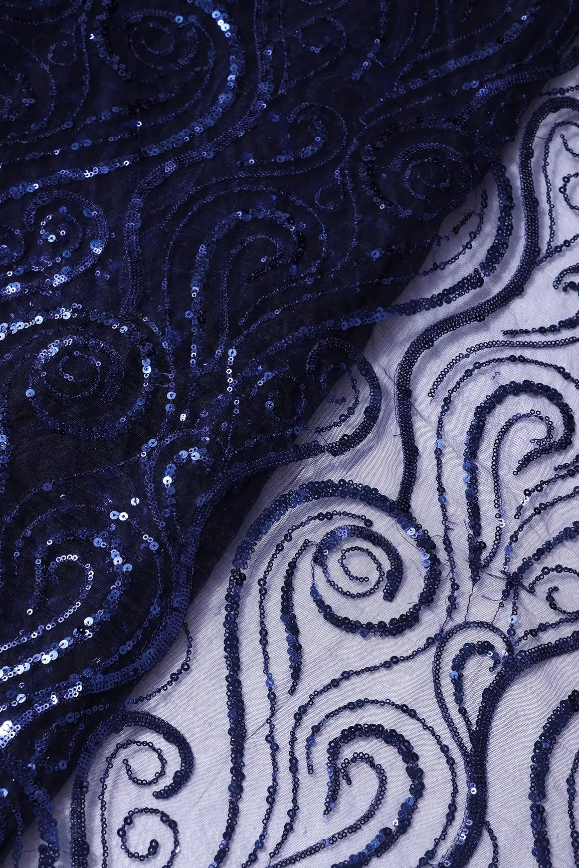 Gorgeous Blue Sequins Geometric Embroidery On Navy Blue Soft Net Fabric