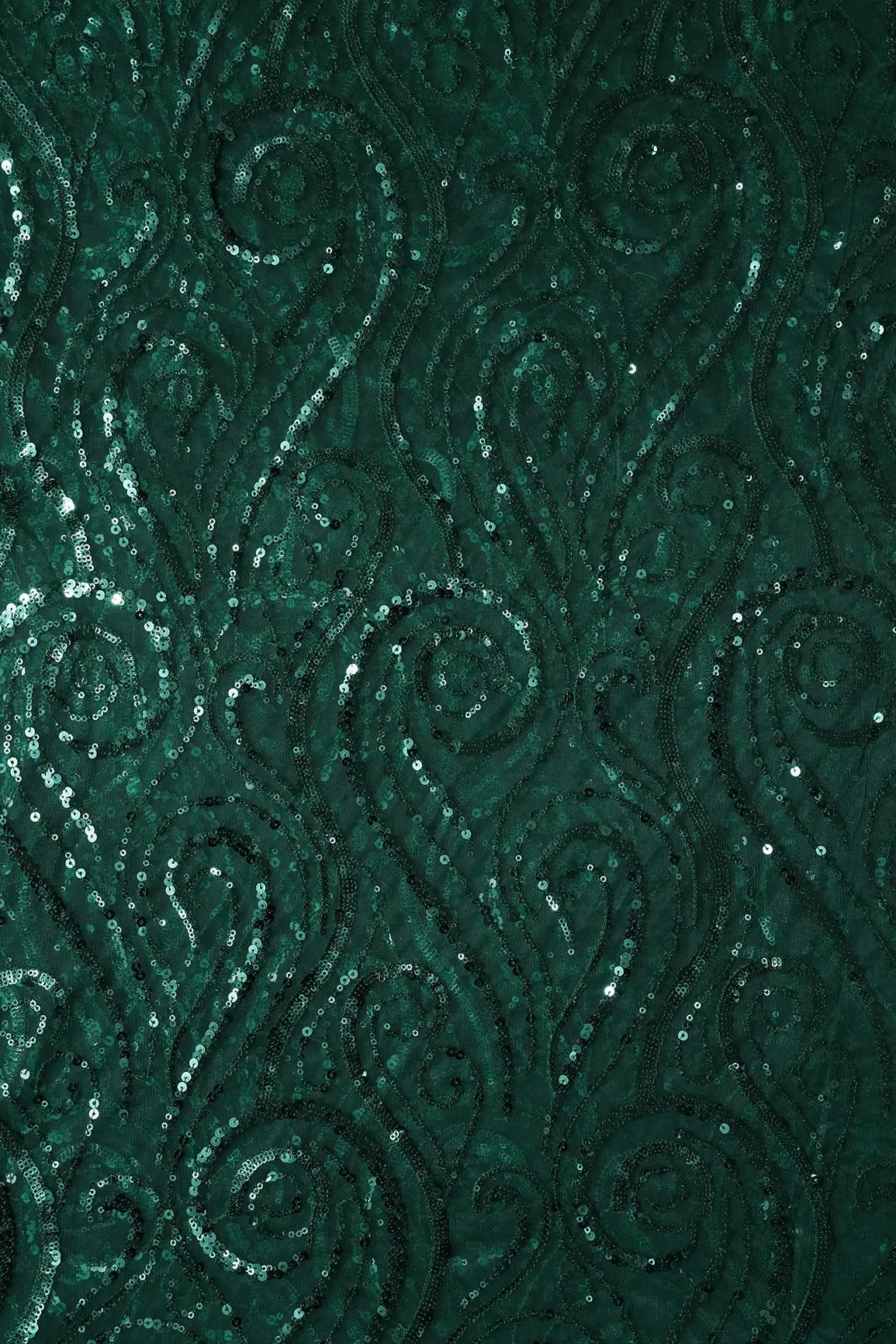 Gorgeous Green Sequins Geometric Embroidery On Bottle Green Soft Net Fabric