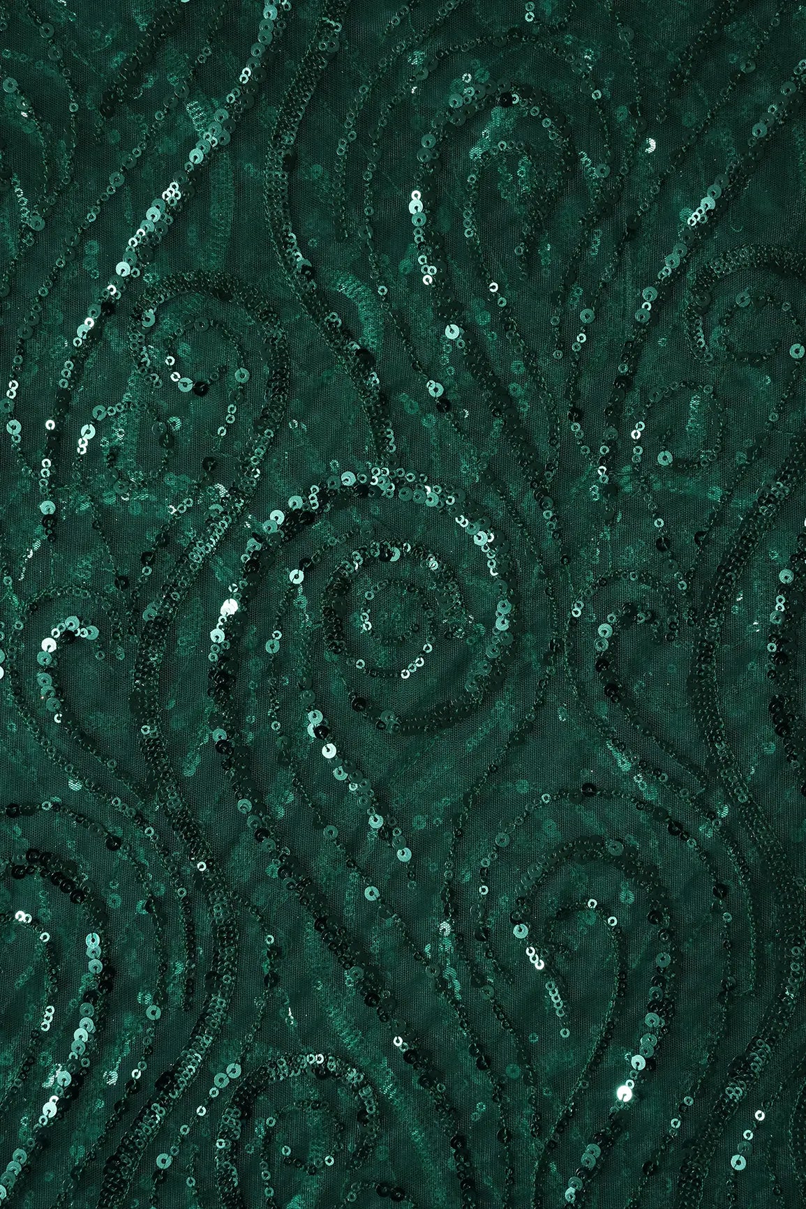 Gorgeous Green Sequins Geometric Embroidery On Bottle Green Soft Net Fabric