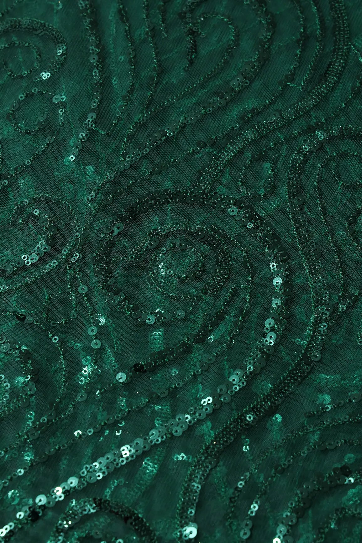 Gorgeous Green Sequins Geometric Embroidery On Bottle Green Soft Net Fabric