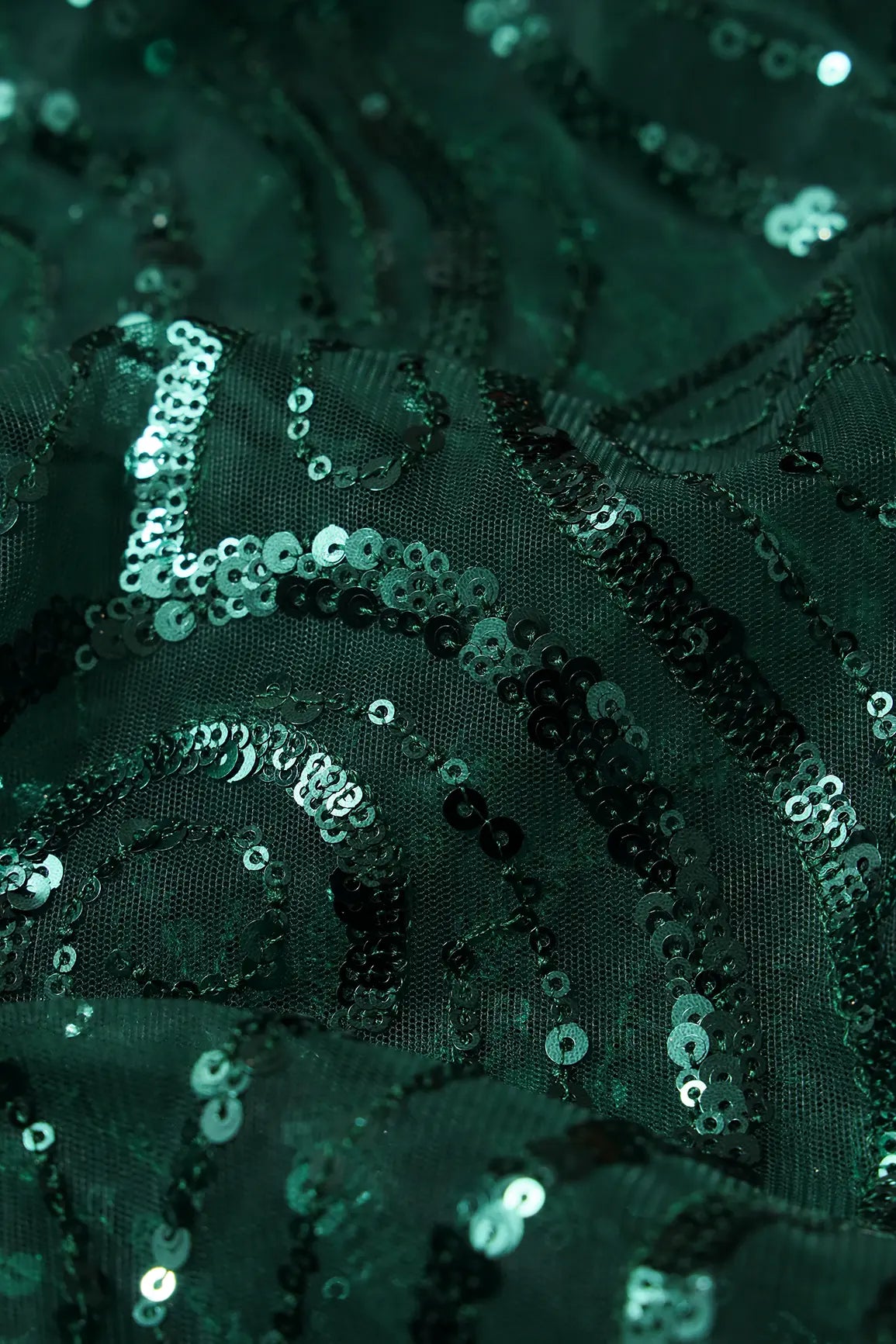 Gorgeous Green Sequins Geometric Embroidery On Bottle Green Soft Net Fabric