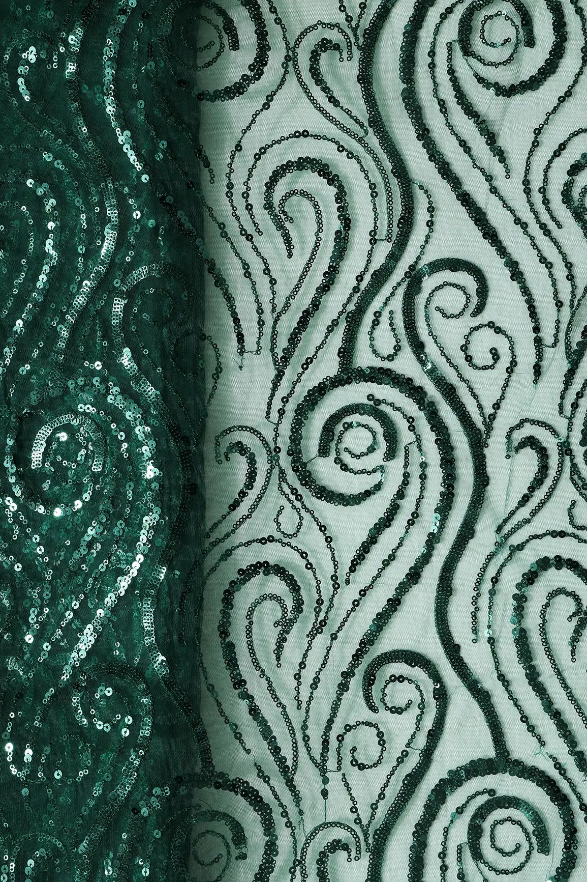 Gorgeous Green Sequins Geometric Embroidery On Bottle Green Soft Net Fabric