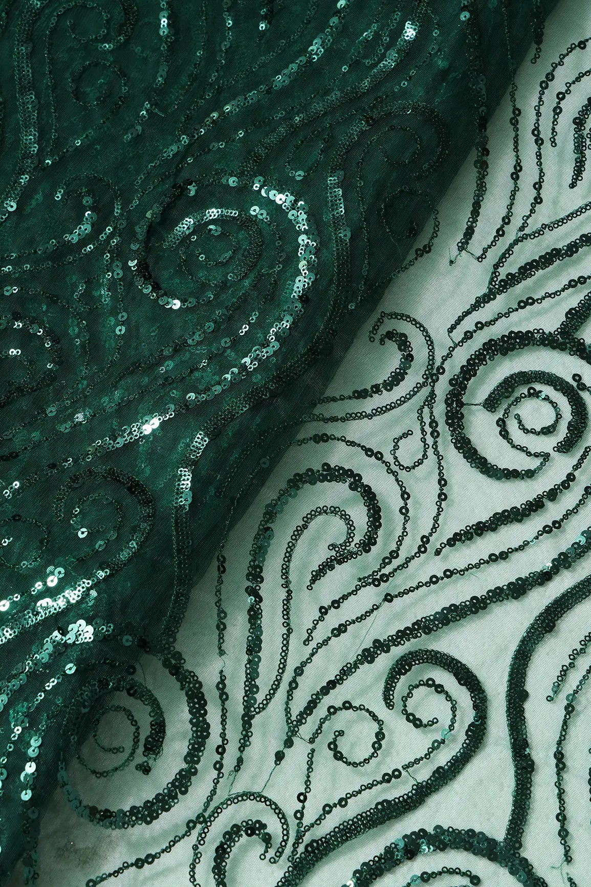 Gorgeous Green Sequins Geometric Embroidery On Bottle Green Soft Net Fabric