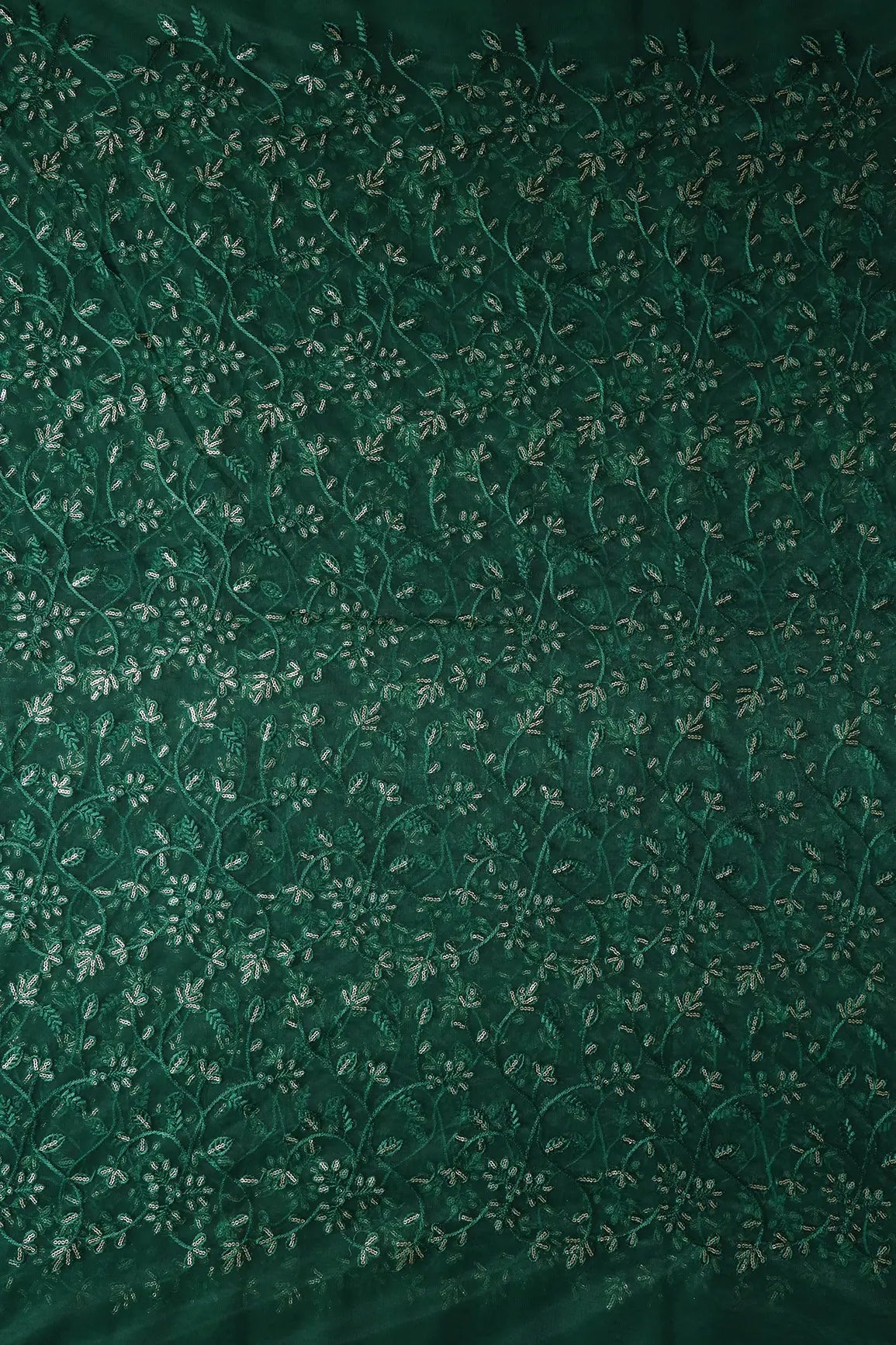 Beautiful Gold Glitter Sequins Heavy Floral Embroidery On Bottle Green Soft Net Fabric