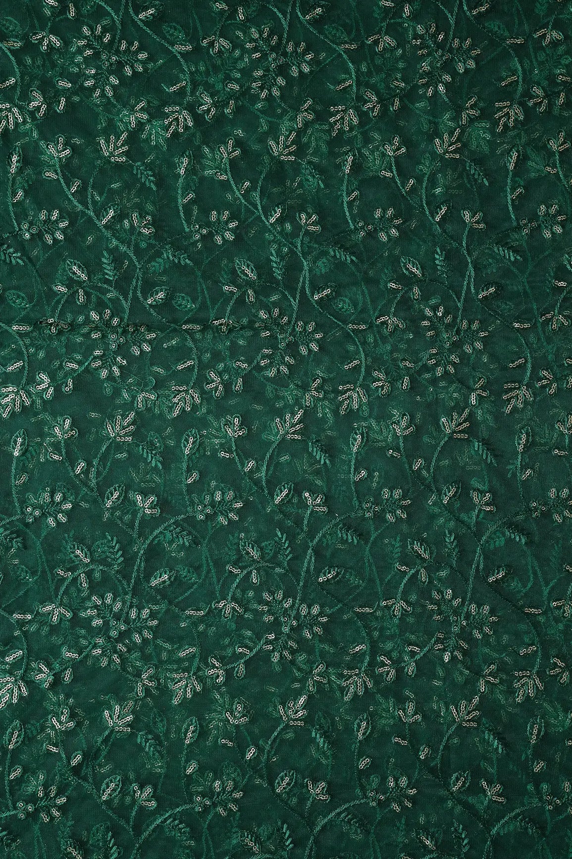 Beautiful Gold Glitter Sequins Heavy Floral Embroidery On Bottle Green Soft Net Fabric