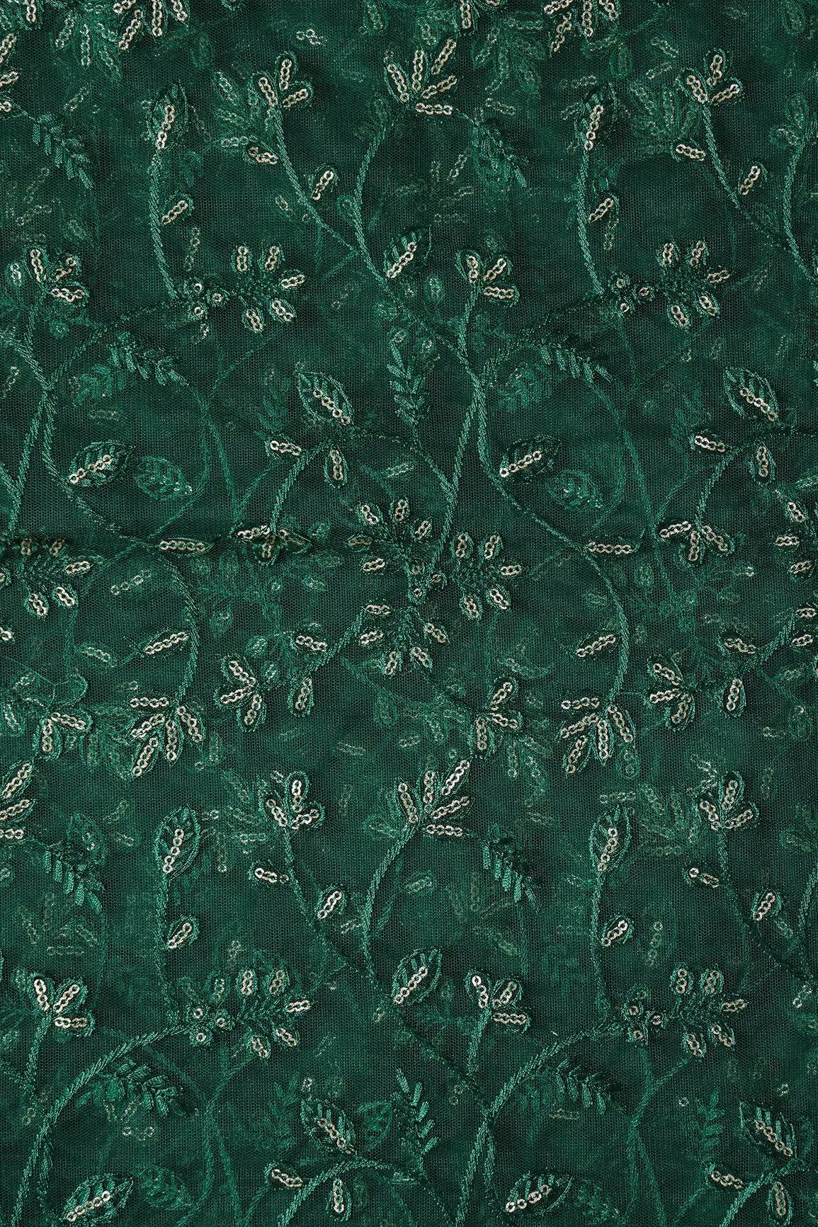 Beautiful Gold Glitter Sequins Heavy Floral Embroidery On Bottle Green Soft Net Fabric