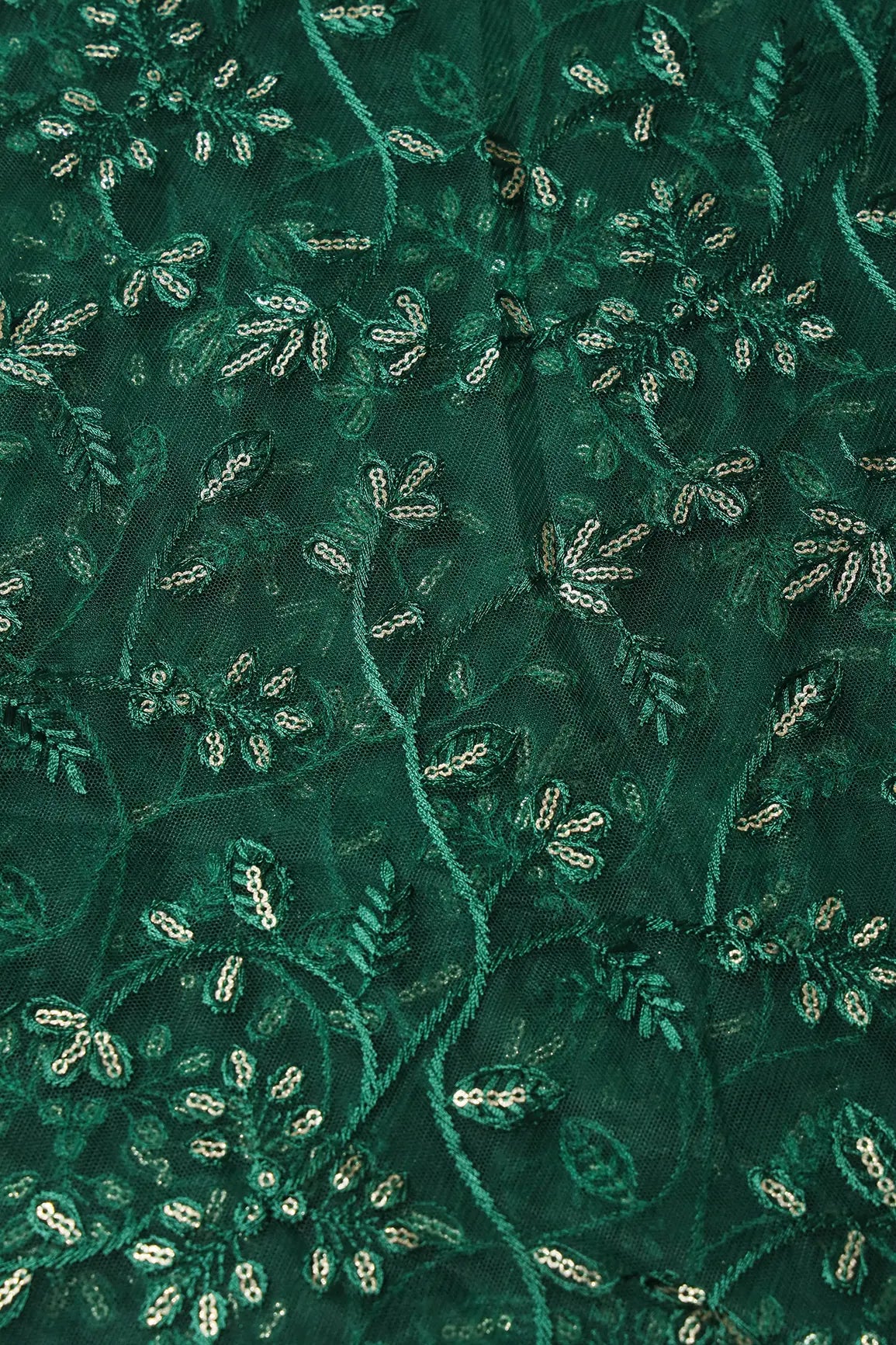 Beautiful Gold Glitter Sequins Heavy Floral Embroidery On Bottle Green Soft Net Fabric