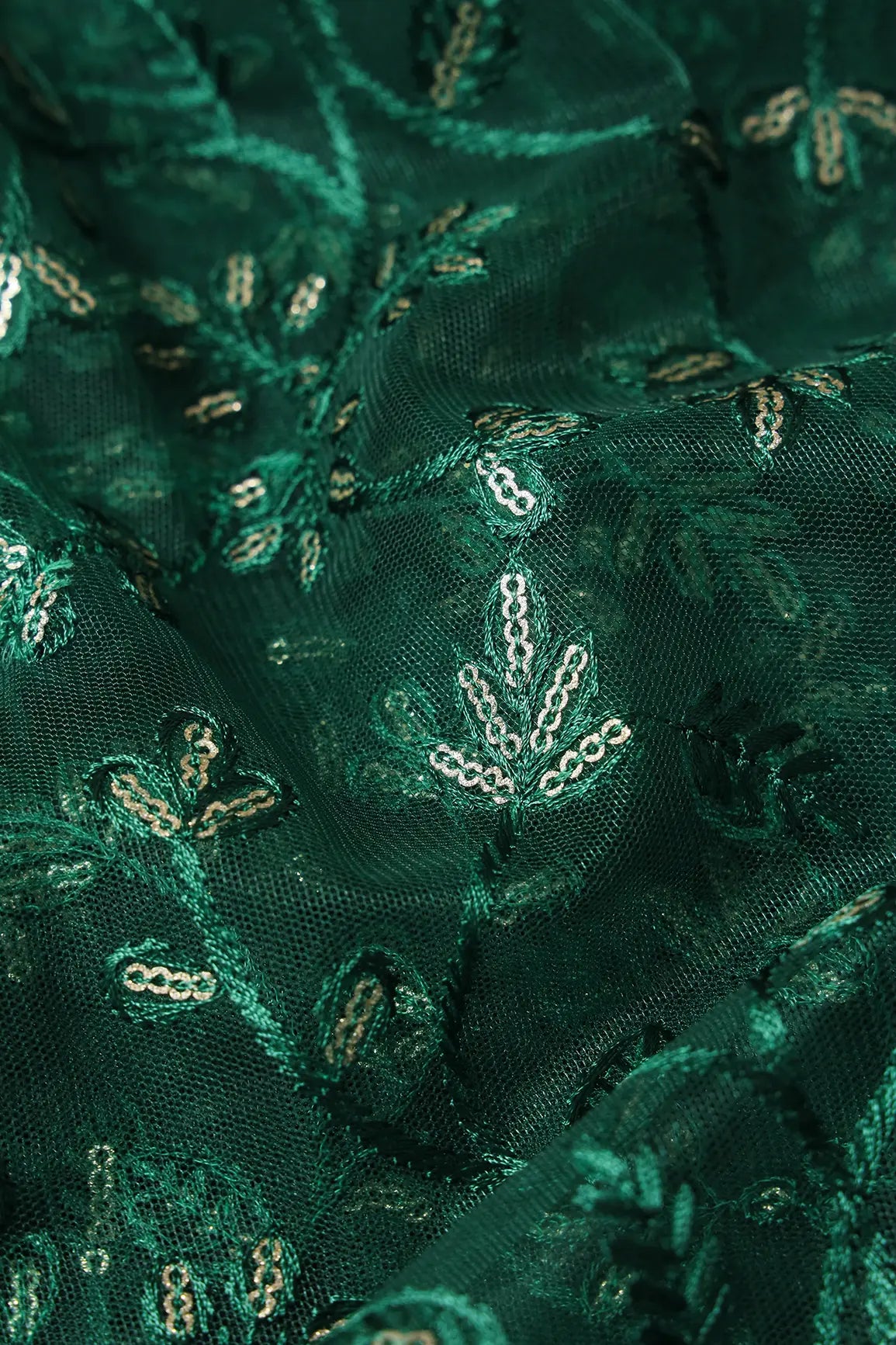 Beautiful Gold Glitter Sequins Heavy Floral Embroidery On Bottle Green Soft Net Fabric