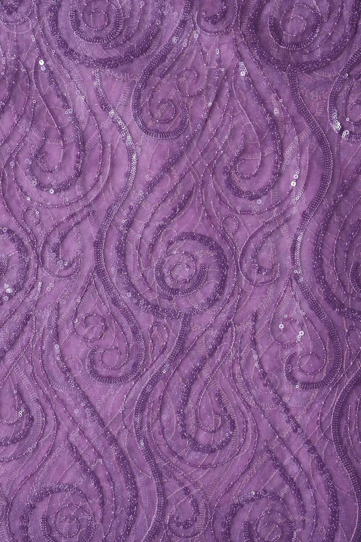 Gorgeous Lavender Sequins Geometric Embroidery On Lavender Soft Net Fabric