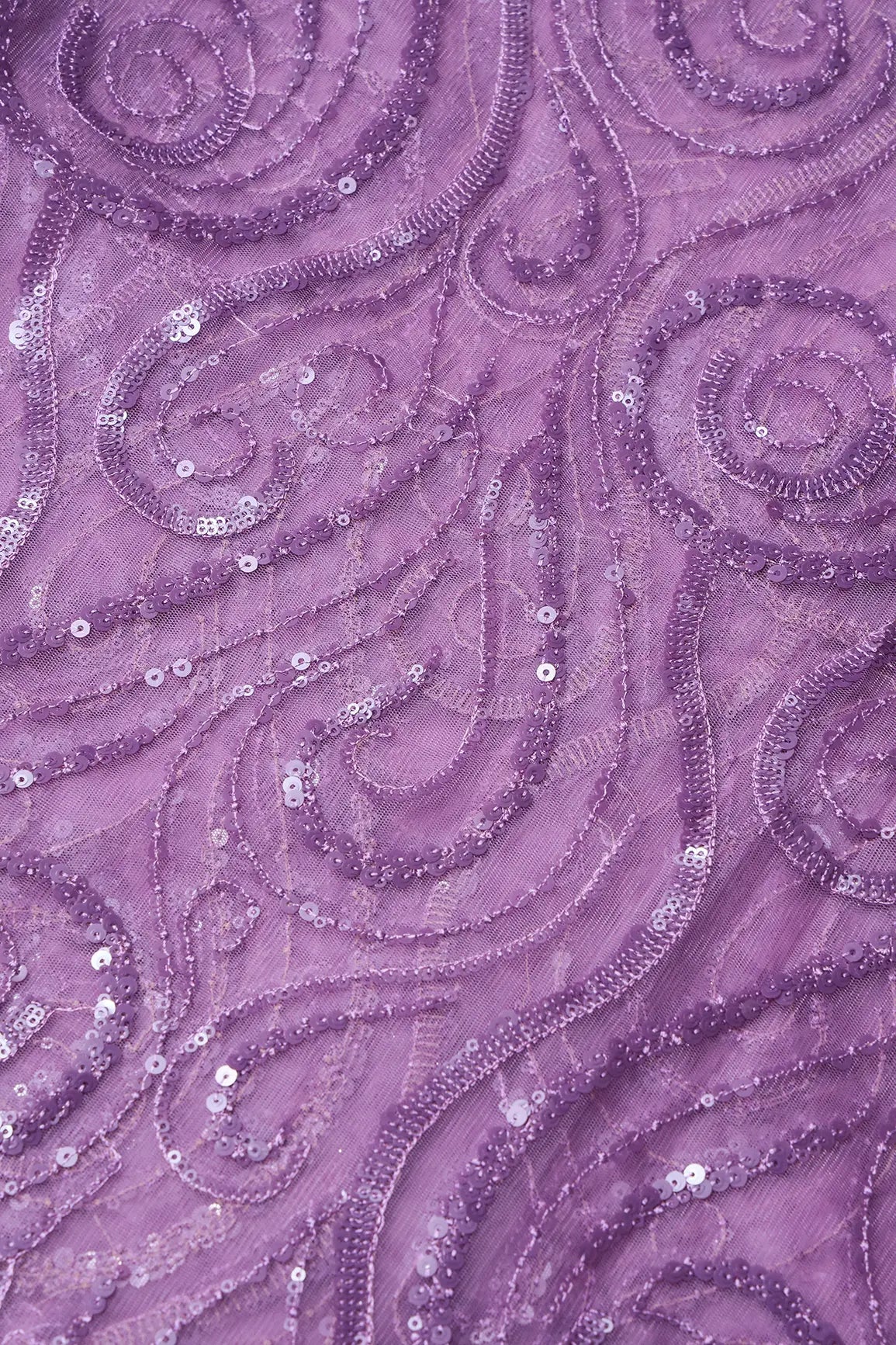 Gorgeous Lavender Sequins Geometric Embroidery On Lavender Soft Net Fabric